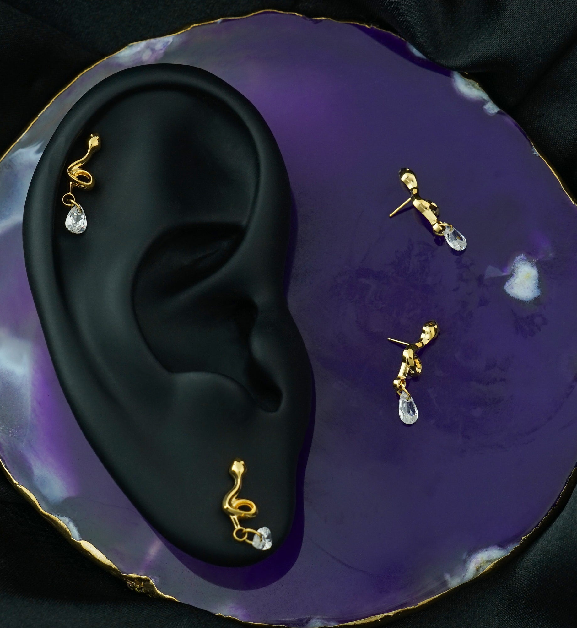 Gold PVD Twisted Snake Dangle Teardrop CZ Titanium Threadless Top