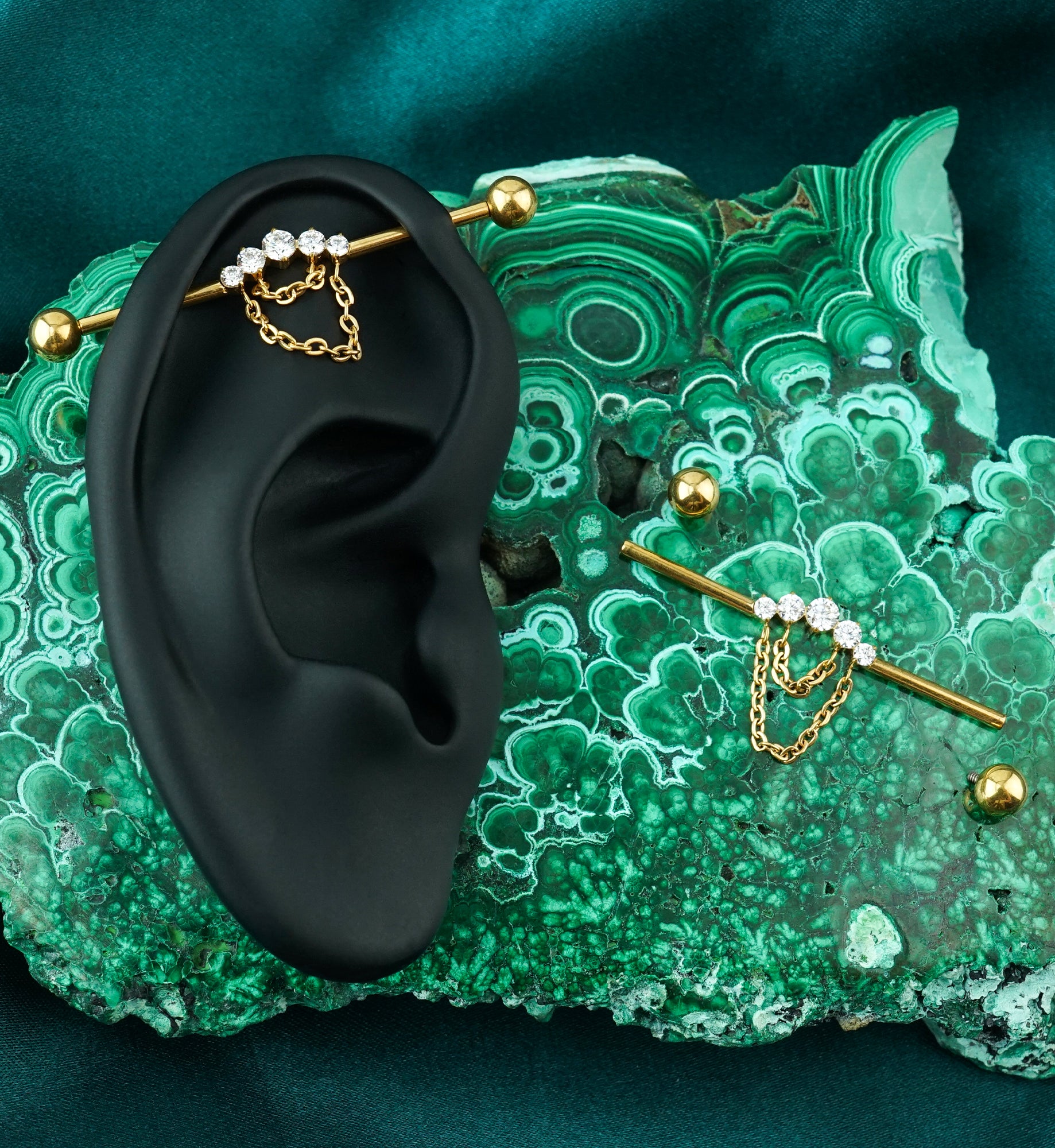 Gold PVD Vault Clear CZ Chain Double Dangle Internally Threaded Titanium Industrial Barbell