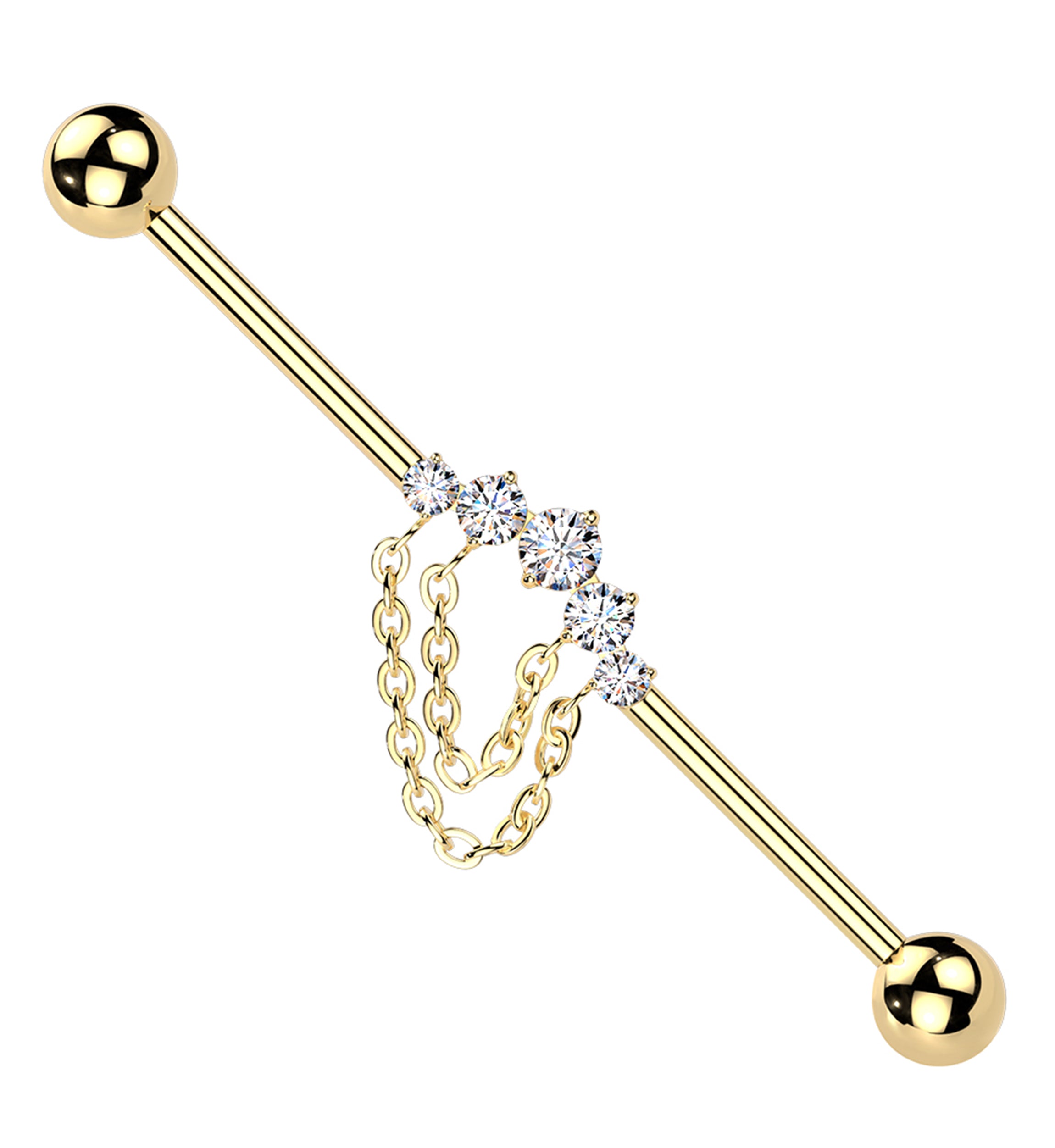 Gold PVD Vault Clear CZ Chain Double Dangle Internally Threaded Titanium Industrial Barbell
