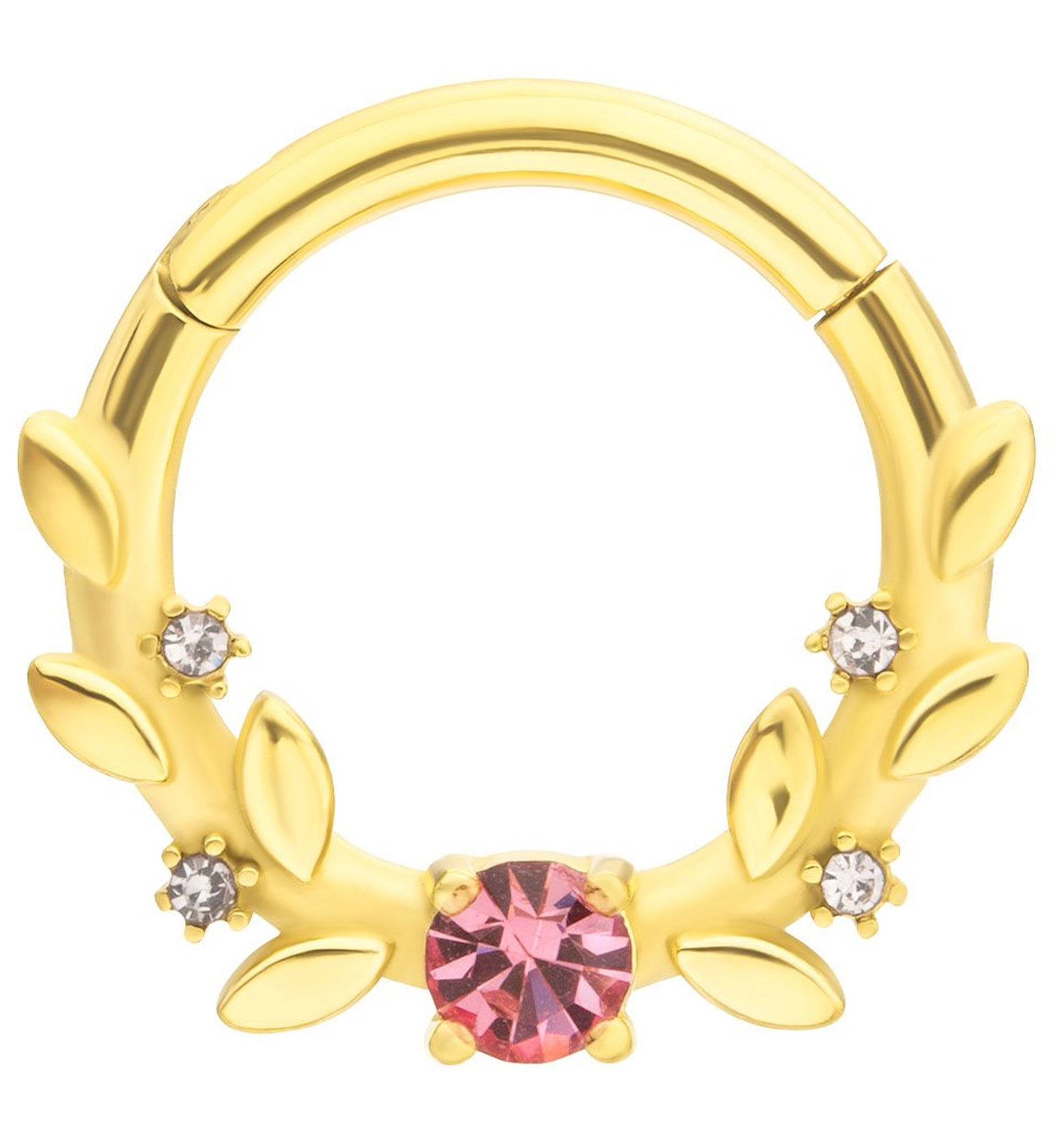 Gold PVD Vine Pink And Clear CZ Stainless Steel Hinged Segment Ring