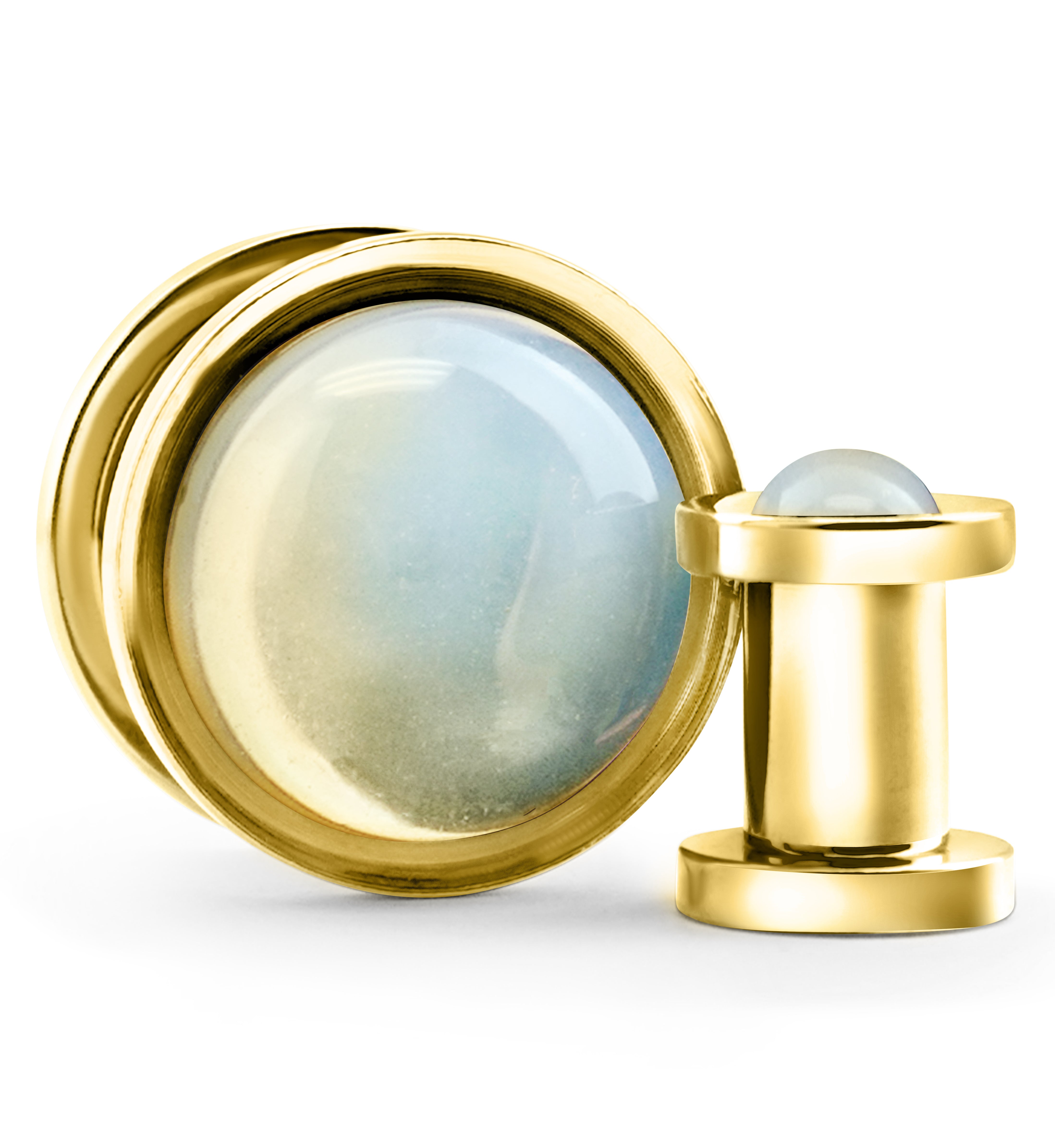 Gold PVD Cabochon White Opalite Stainless Steel Screw Back Tunnel Plugs