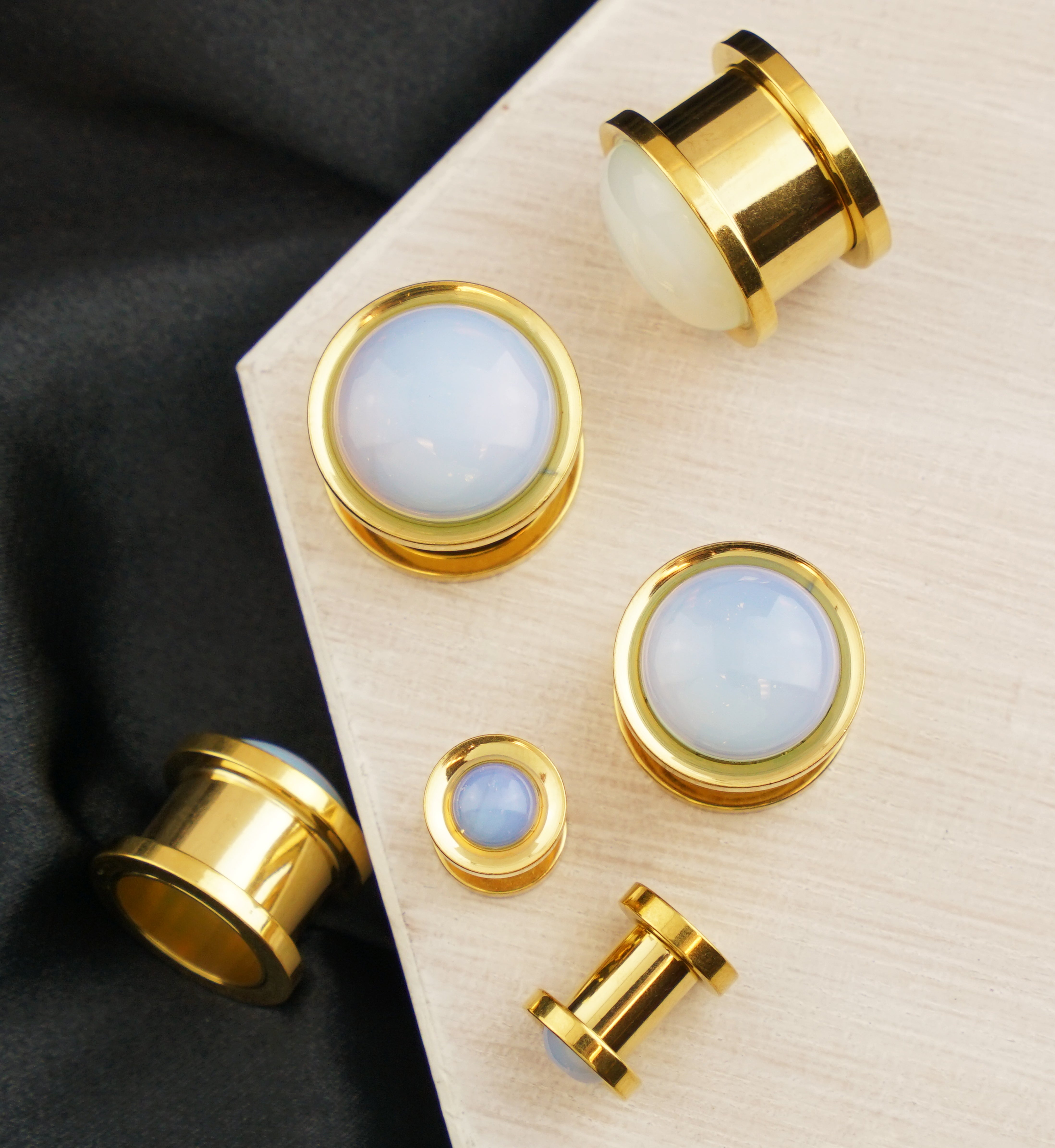 Gold PVD Cabochon White Opalite Stainless Steel Screw Back Tunnel Plugs