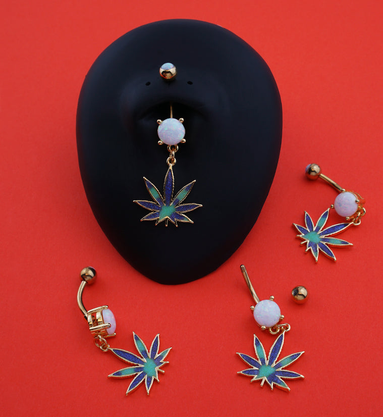 Gold PVD White Opalite Tie Dye Pot Leaf Stainless Steel Belly Button Ring
