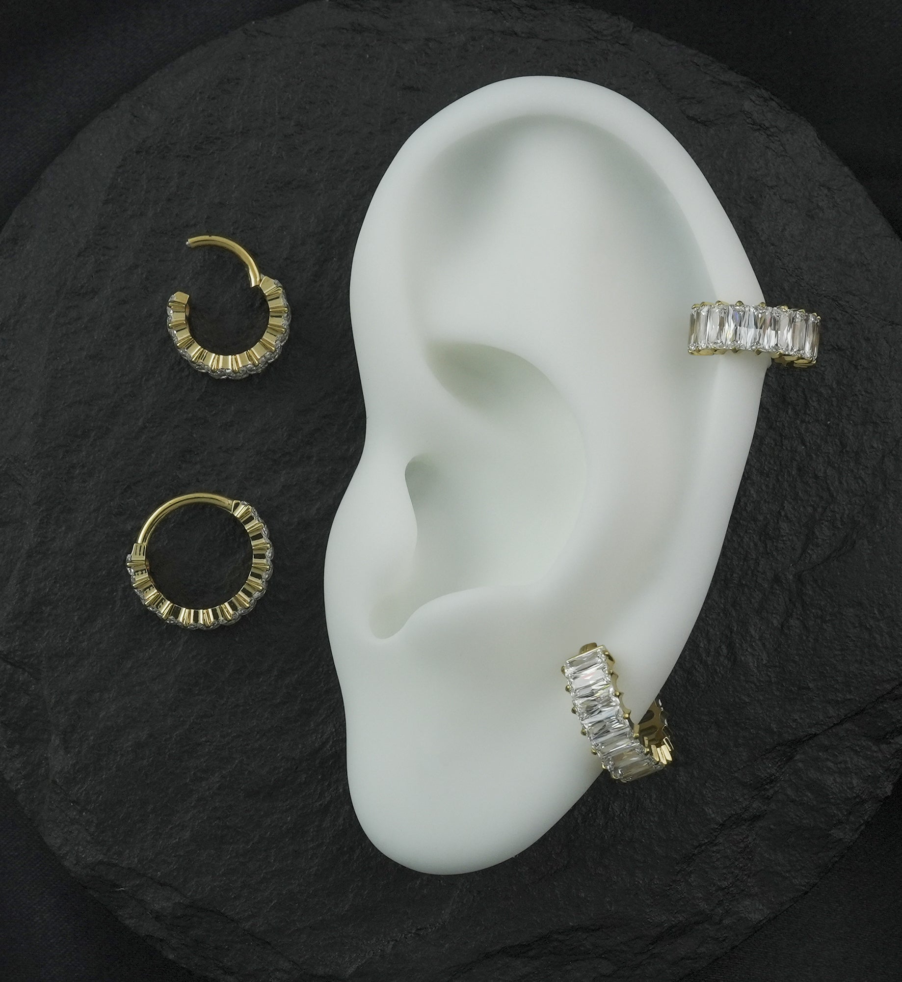 Gold PVD Wide Baguette Clear CZ Titanium Hinged Segment Ring