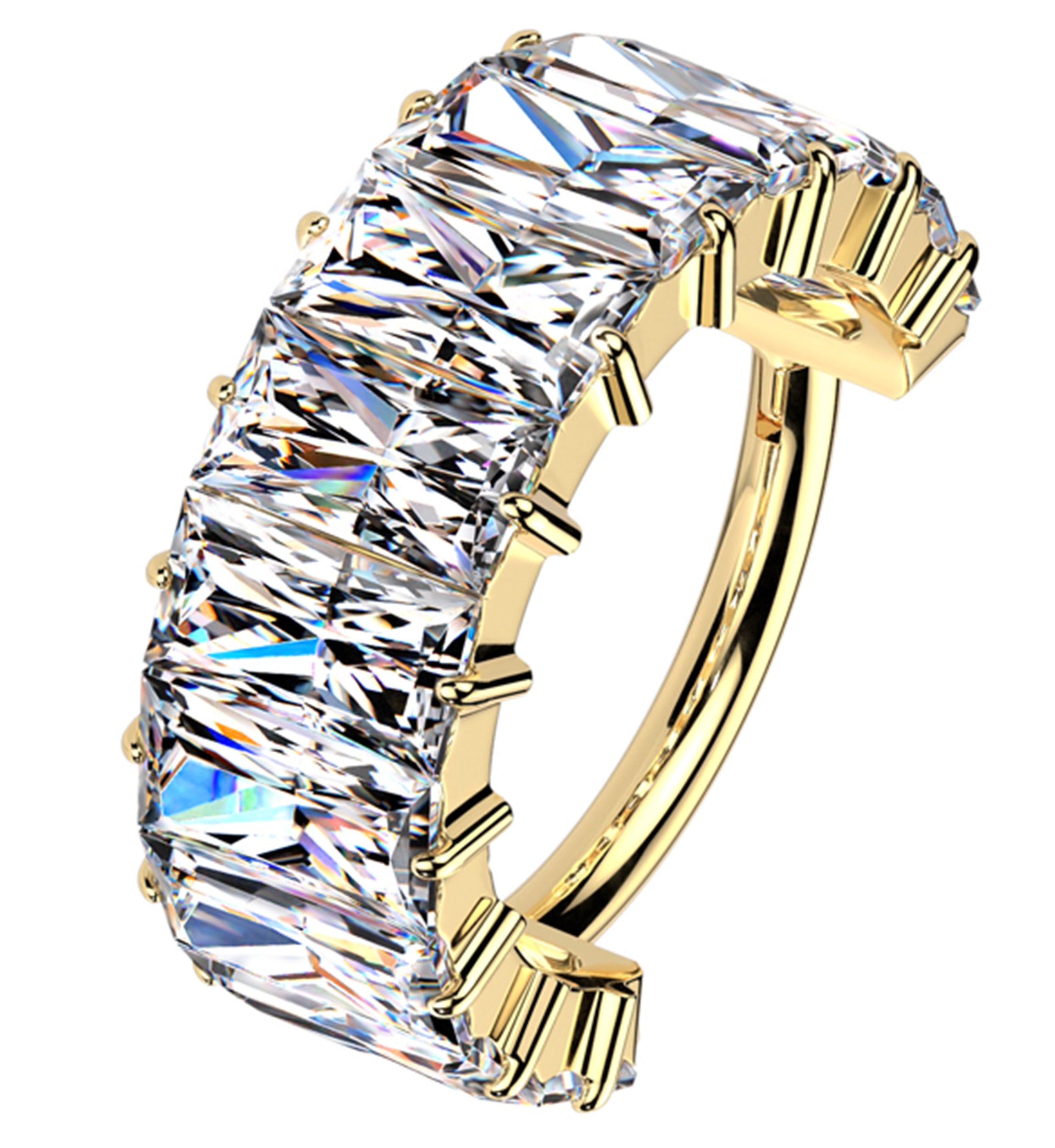 Gold PVD Wide Baguette Clear CZ Titanium Hinged Segment Ring