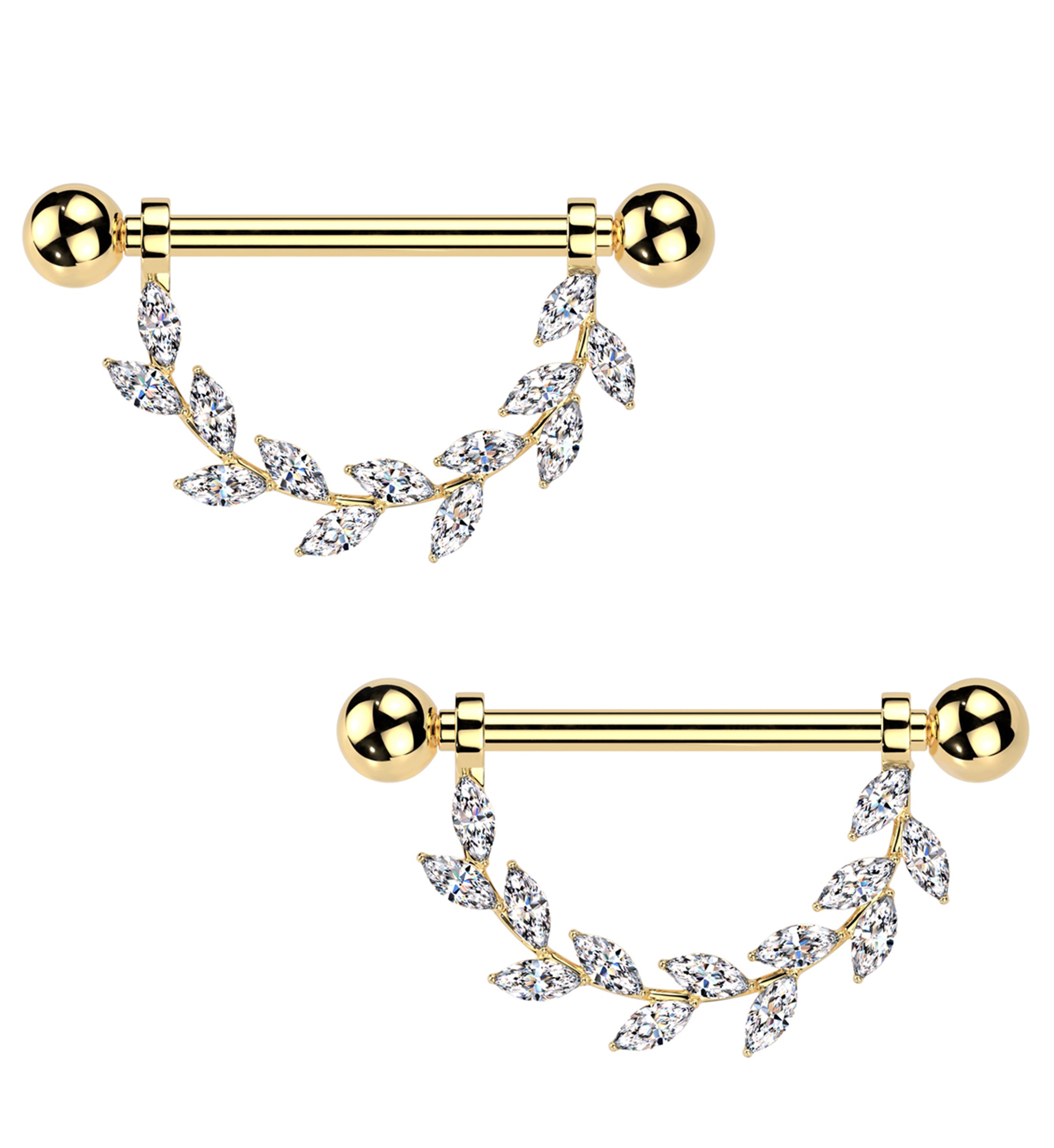 Gold PVD Wreath Clear CZ Internally Threaded Titanium Nipple Barbells