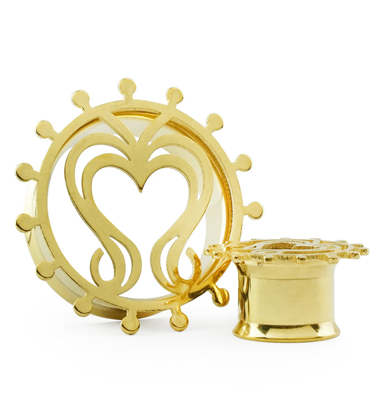 Golden Filigree Heart Steel Tunnel Plugs