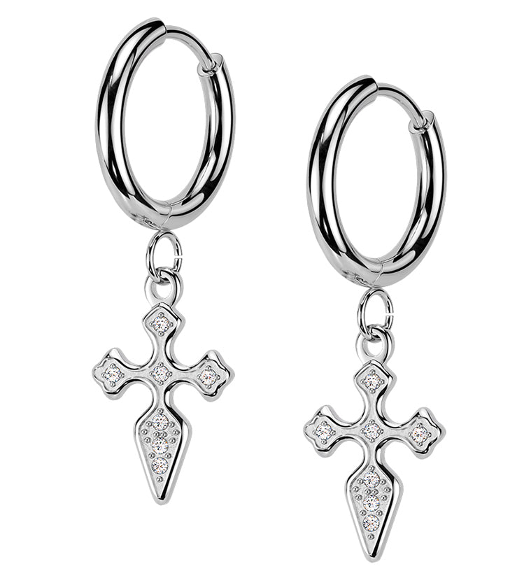 Gothic Cross CZ Stainless Steel Hinged Hoop Huggie Dangle Earrings