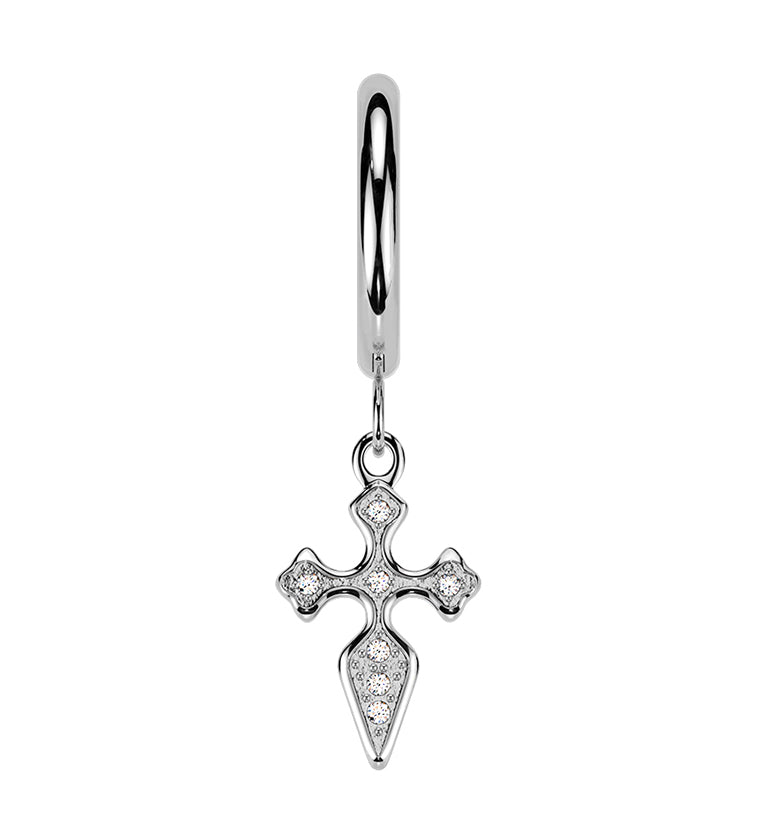 Gothic Cross CZ Stainless Steel Hinged Hoop Huggie Dangle Earrings