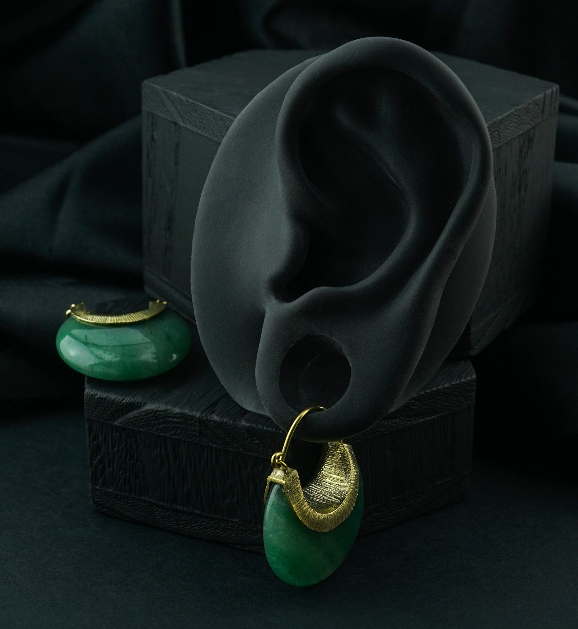 Green Aventurine Textured Brass Stone Earrings