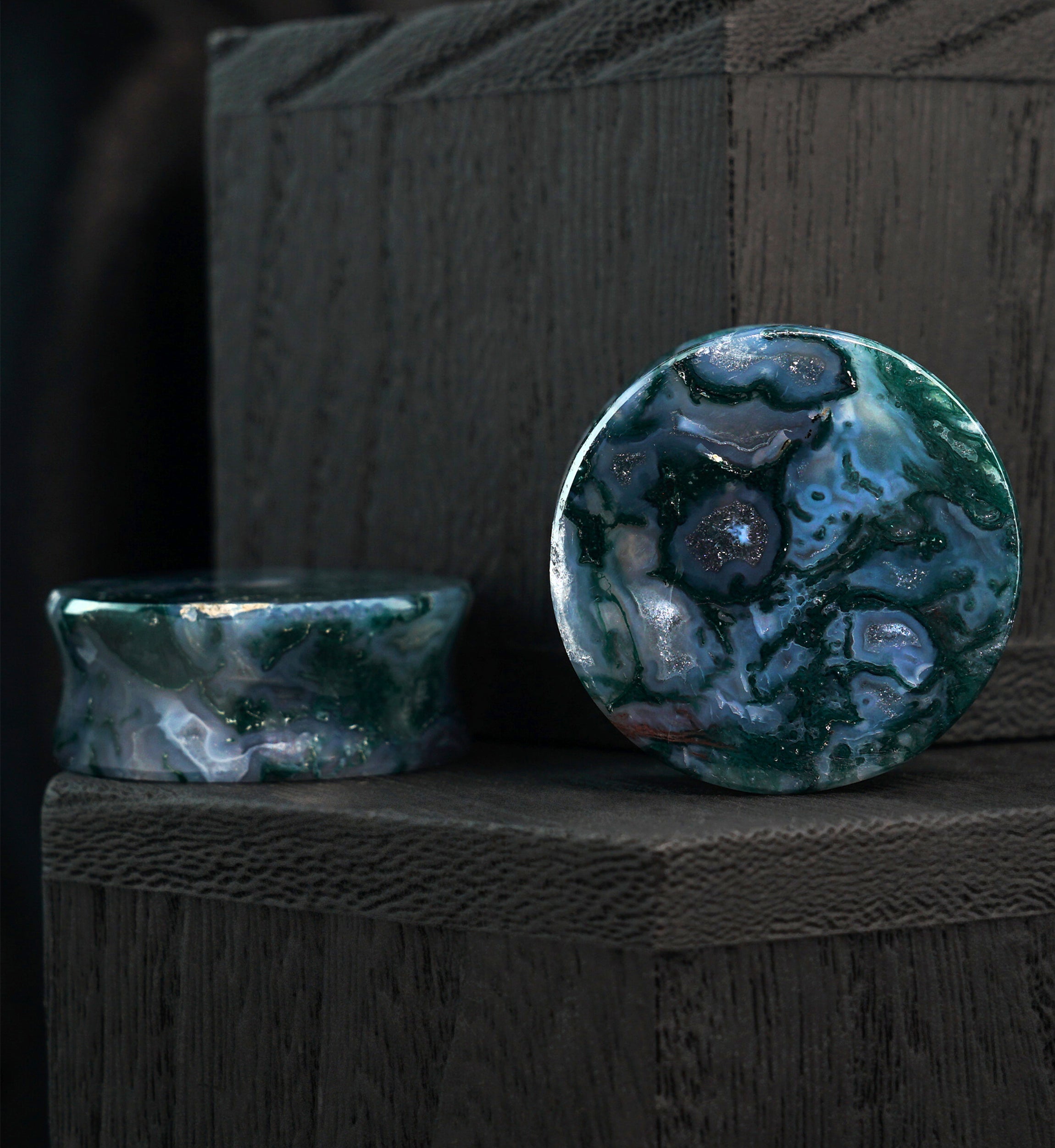 Green Moss Agate Stone Plugs (1 & 1/8" - 28mm) Version 1