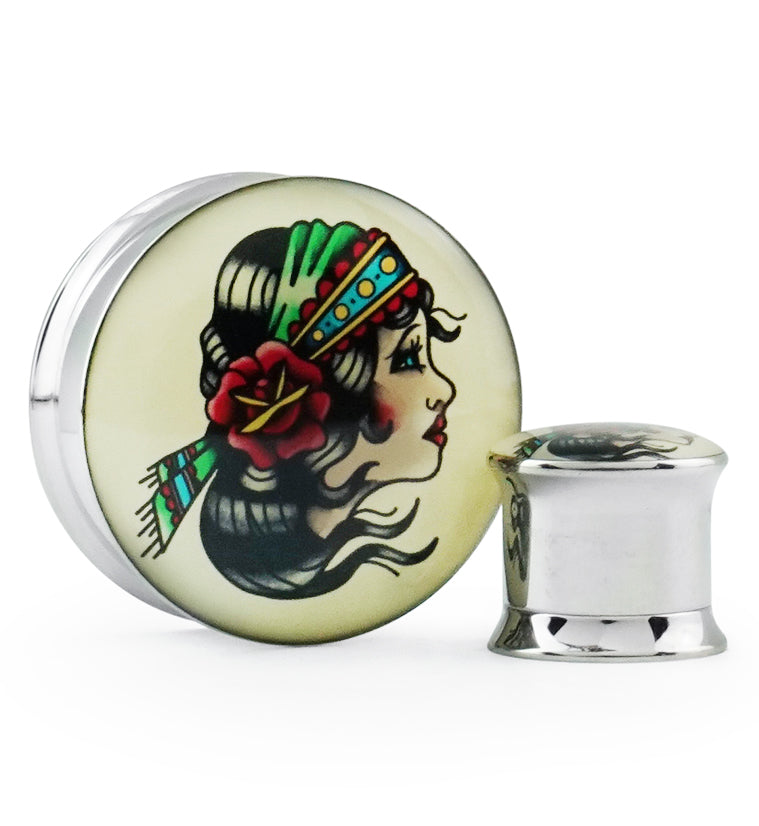 Gypsy Girl Tattoo Steel Plugs