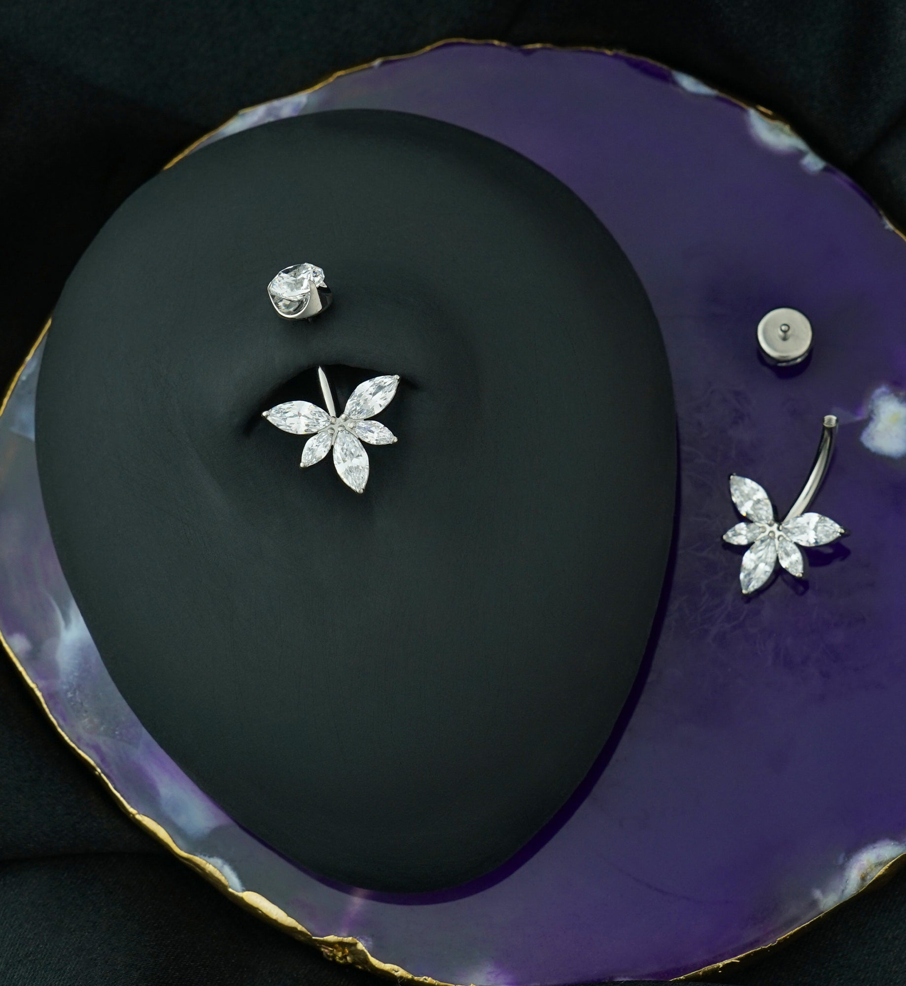 Half Flower Clear CZ Internally Threaded Titanium Belly Button Ring