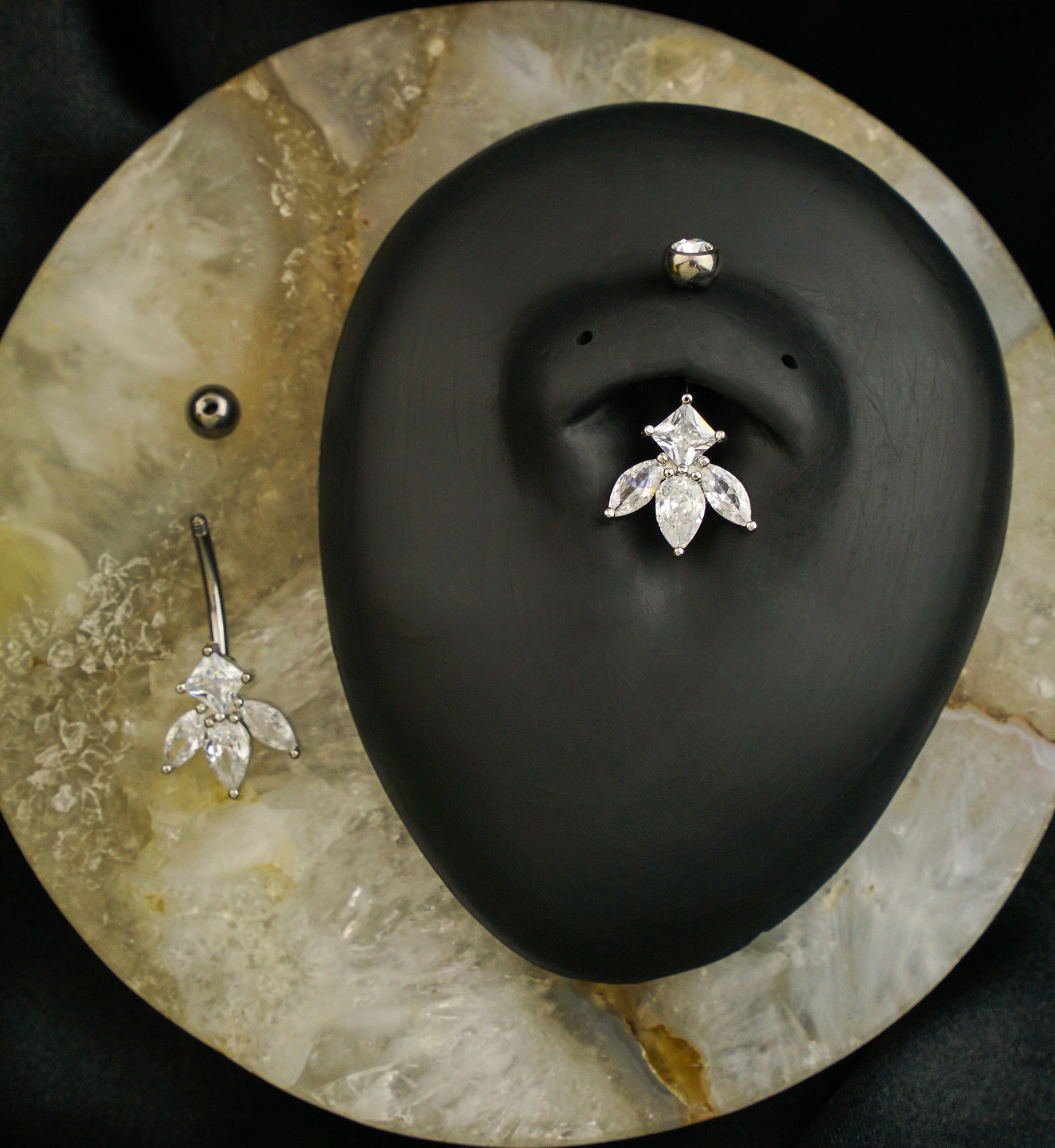 Half Flower Clear CZ Titanium Belly Button Ring