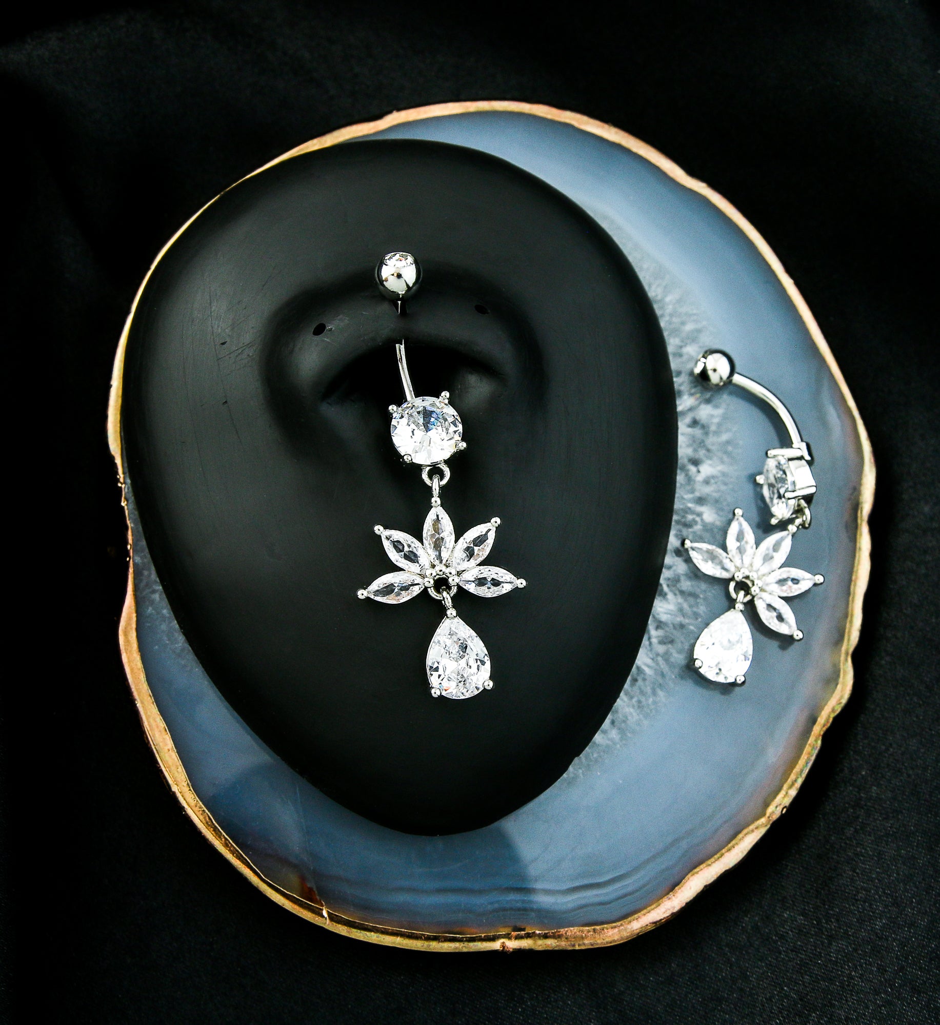 Half Flower Marquise Clear CZ Teardrop Dangle Stainless Steel Belly Button Ring