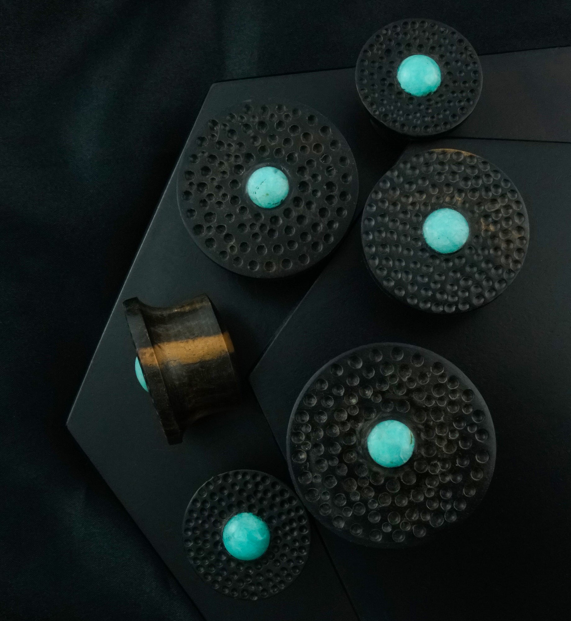 Hammered Amazonite Stone Areng Wood Mayan Flare Plugs