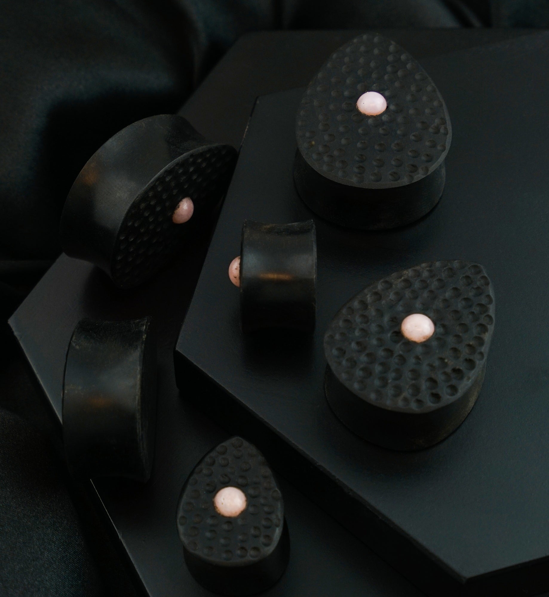 Hammered Areng Wood Teardrop Plugs with Pink Opalite Inlay