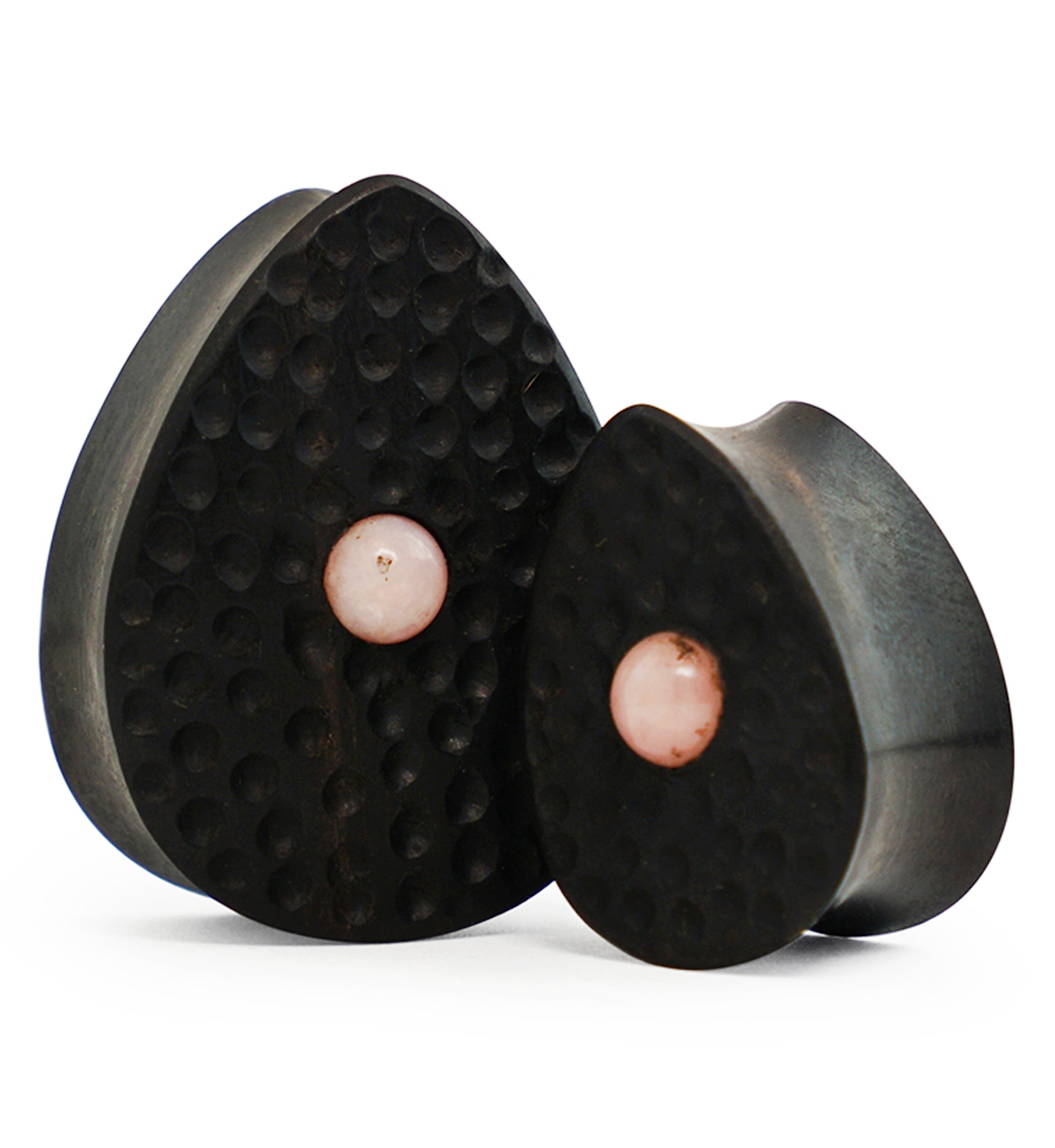 Hammered Areng Wood Teardrop Plugs with Pink Opalite Inlay