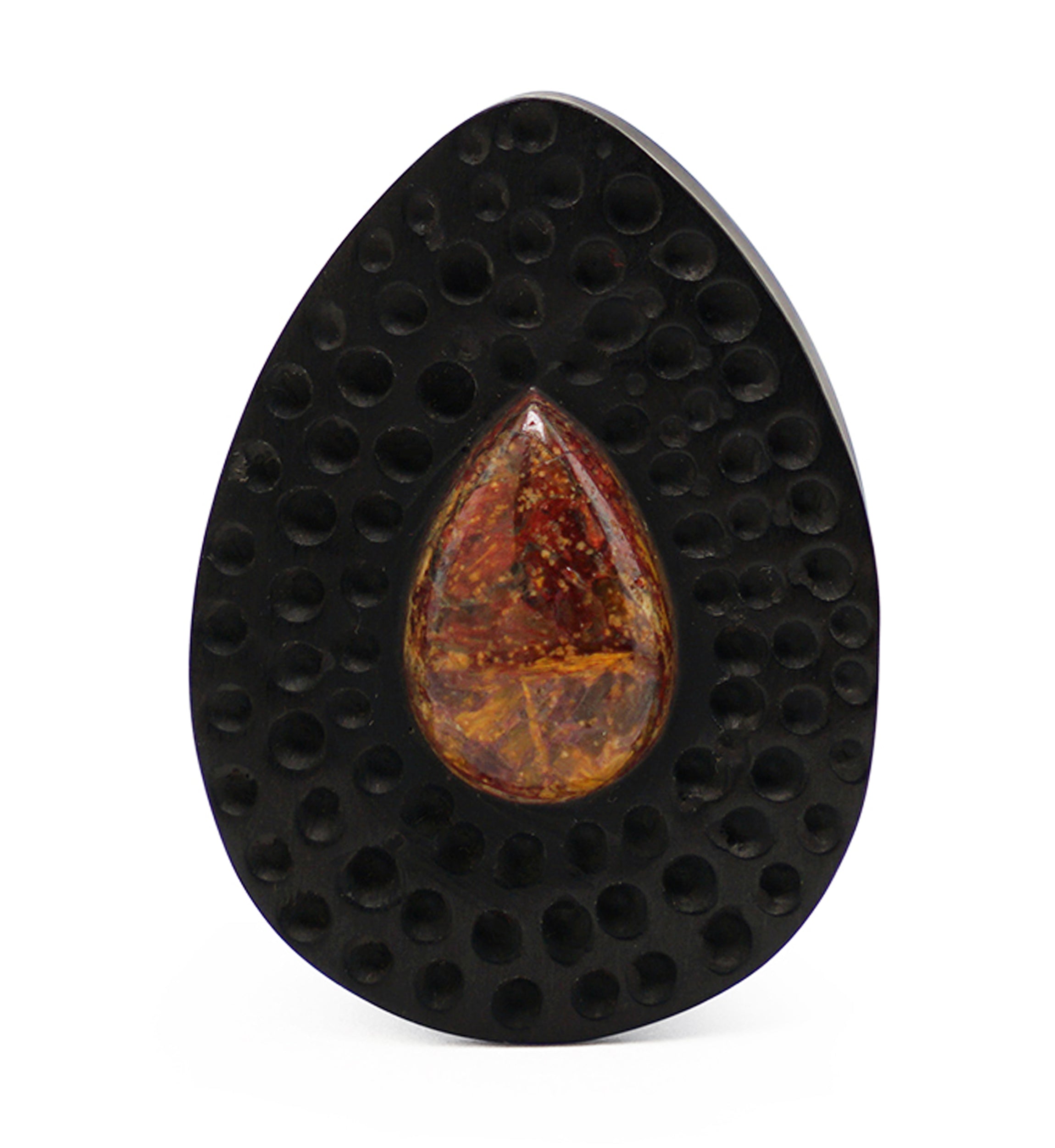 Hammered Areng Wood Teardrop Plugs with Teardrop Pietersite Stone Inlay