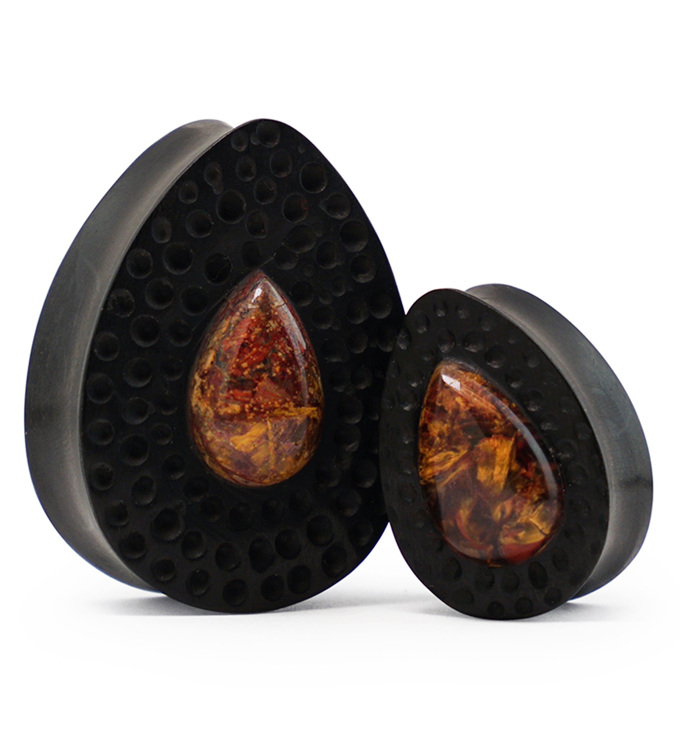 Hammered Areng Wood Teardrop Plugs with Teardrop Pietersite Stone Inlay