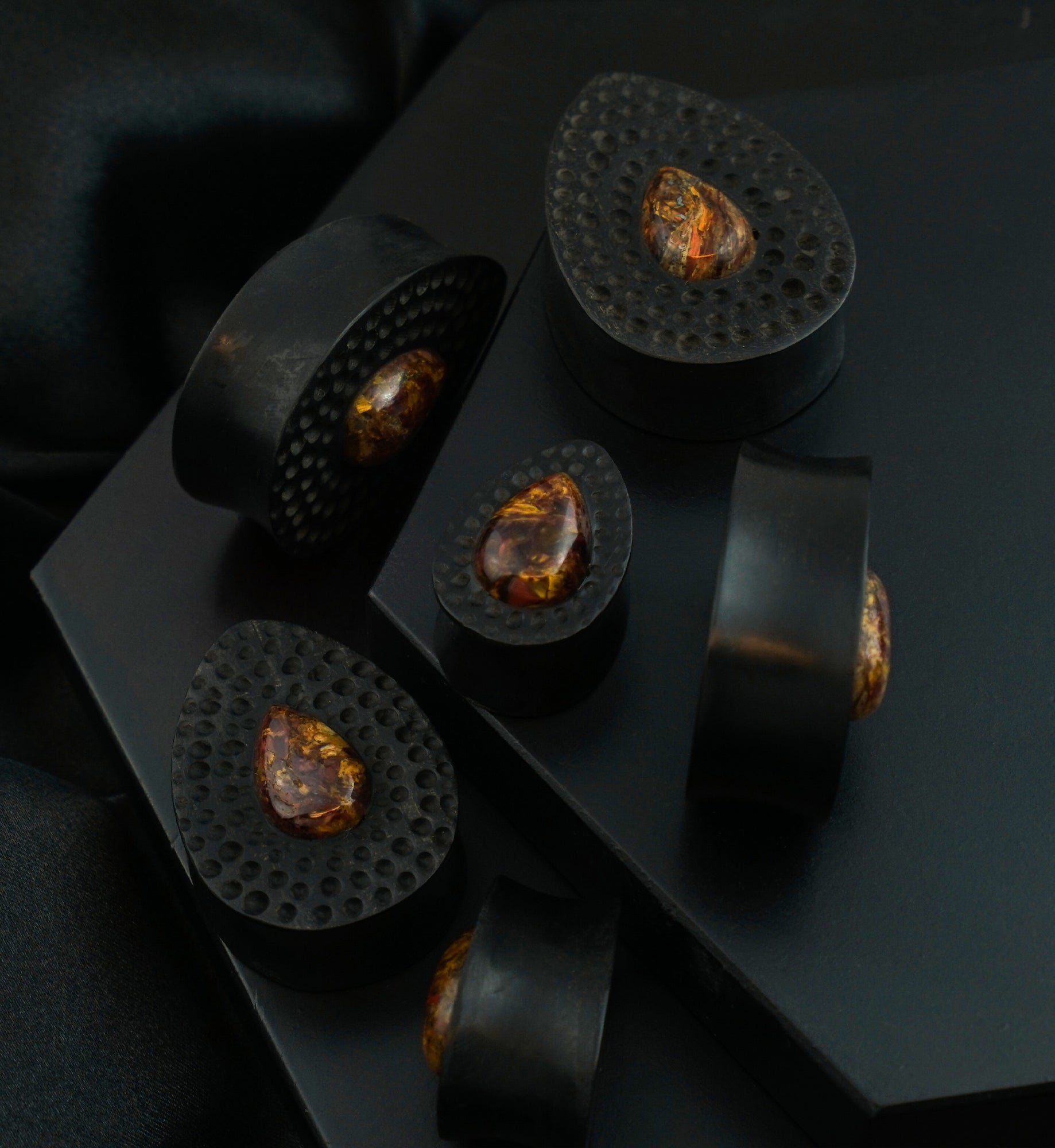 Hammered Areng Wood Teardrop Plugs with Teardrop Pietersite Stone Inlay