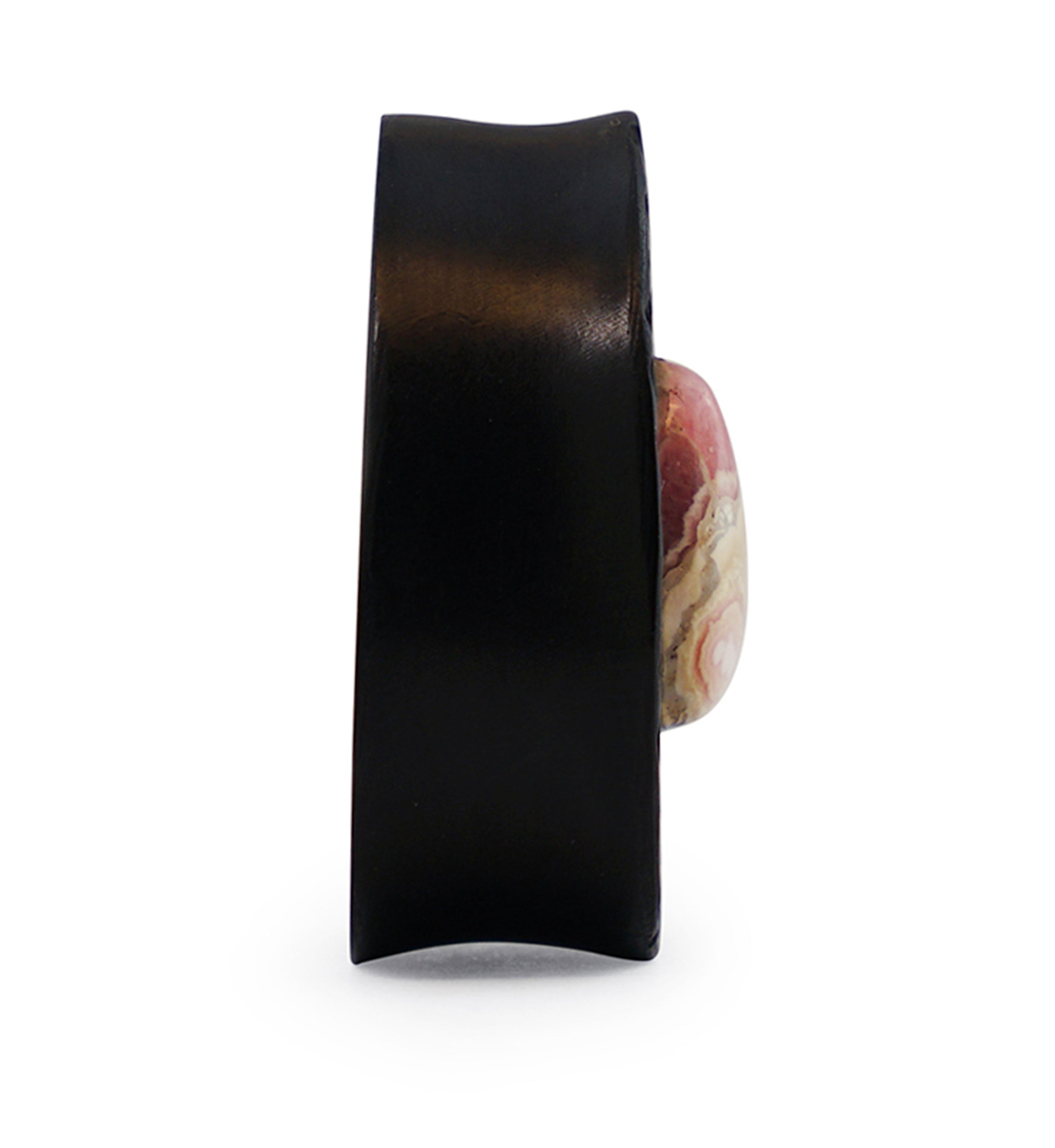 Hammered Areng Wood Teardrop Plugs with Teardrop Rhodochrosite Stone Inlay