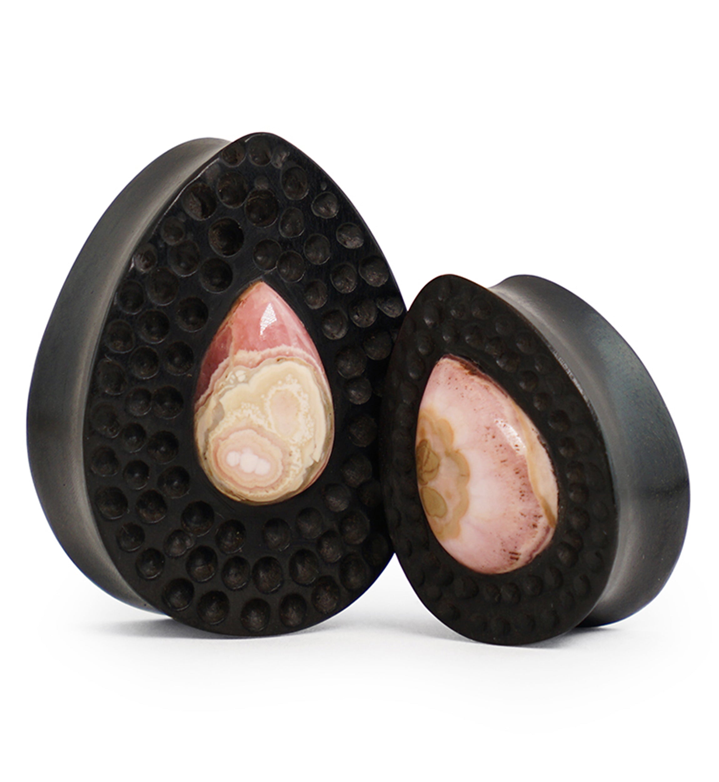 Hammered Areng Wood Teardrop Plugs with Teardrop Rhodochrosite Stone Inlay
