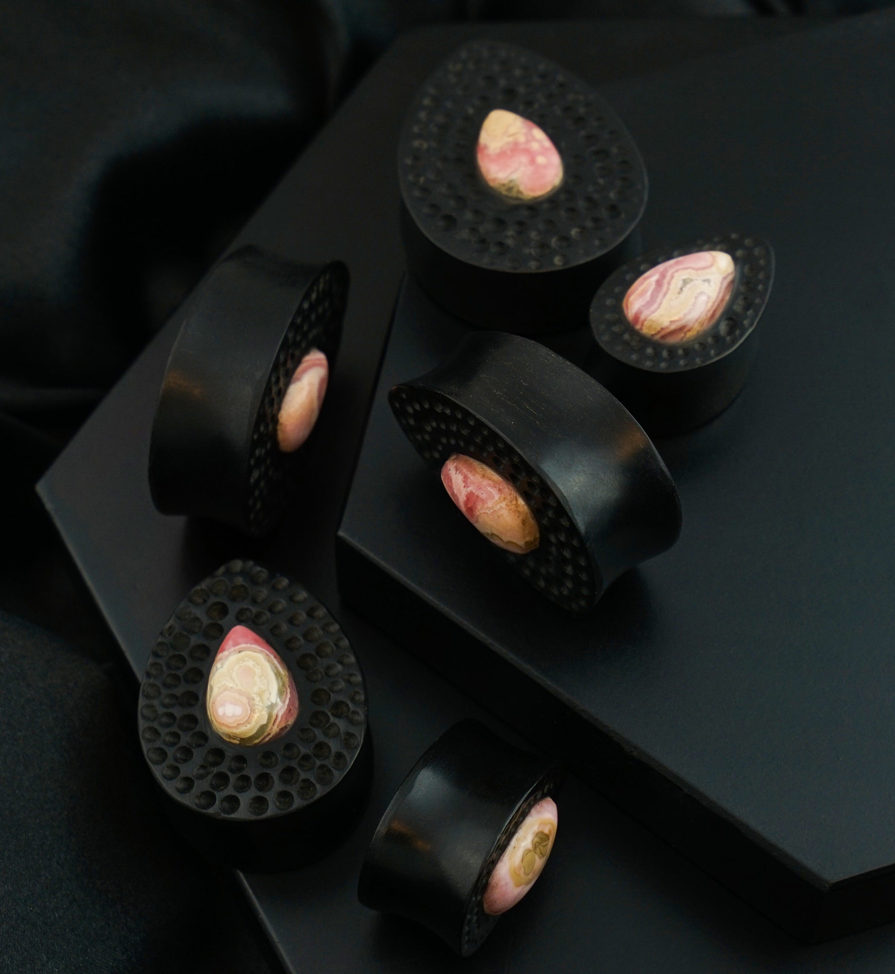 Hammered Areng Wood Teardrop Plugs with Teardrop Rhodochrosite Stone Inlay