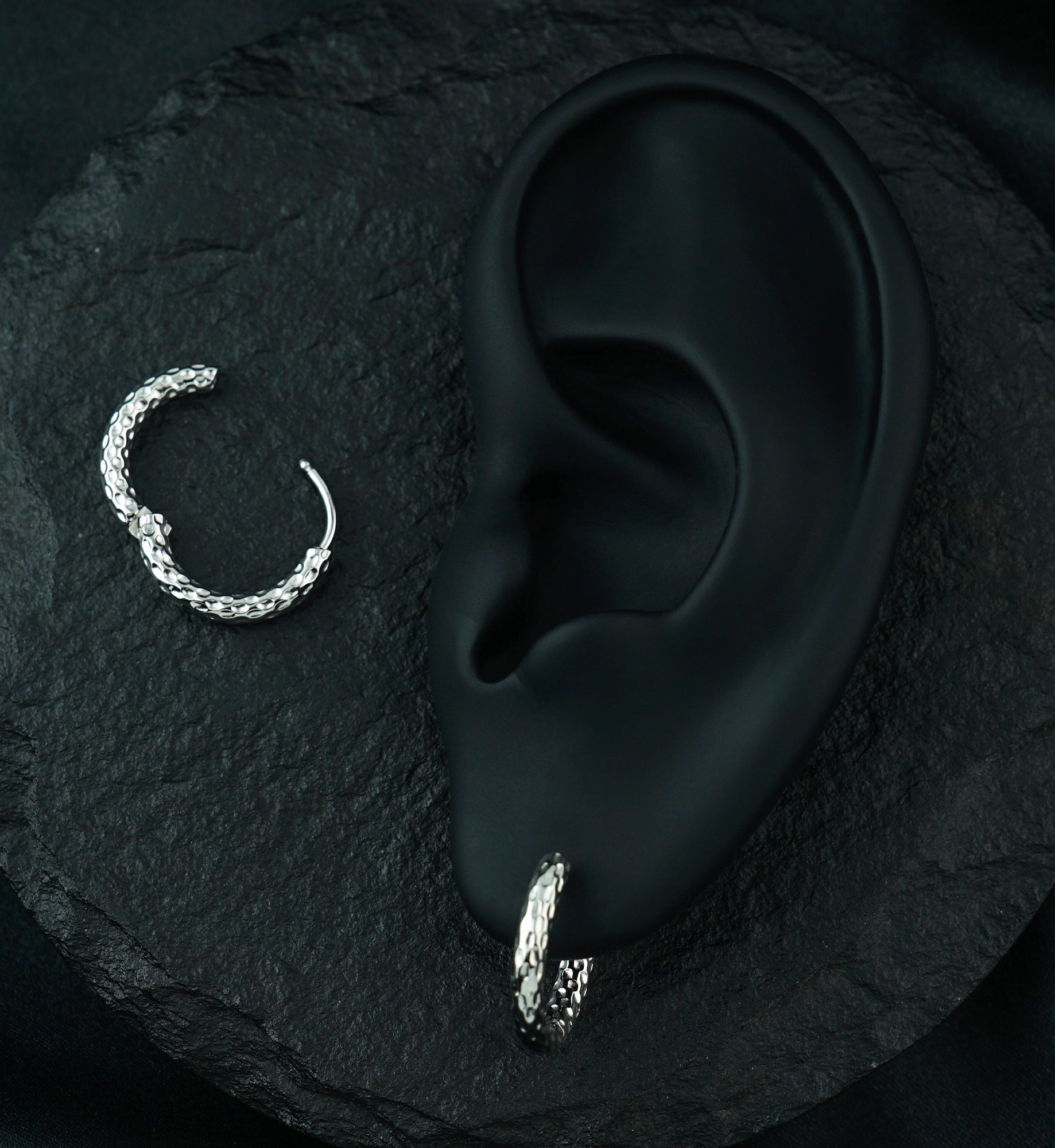 Hammered Stainless Steel Hinged Hoop Huggie Earrings