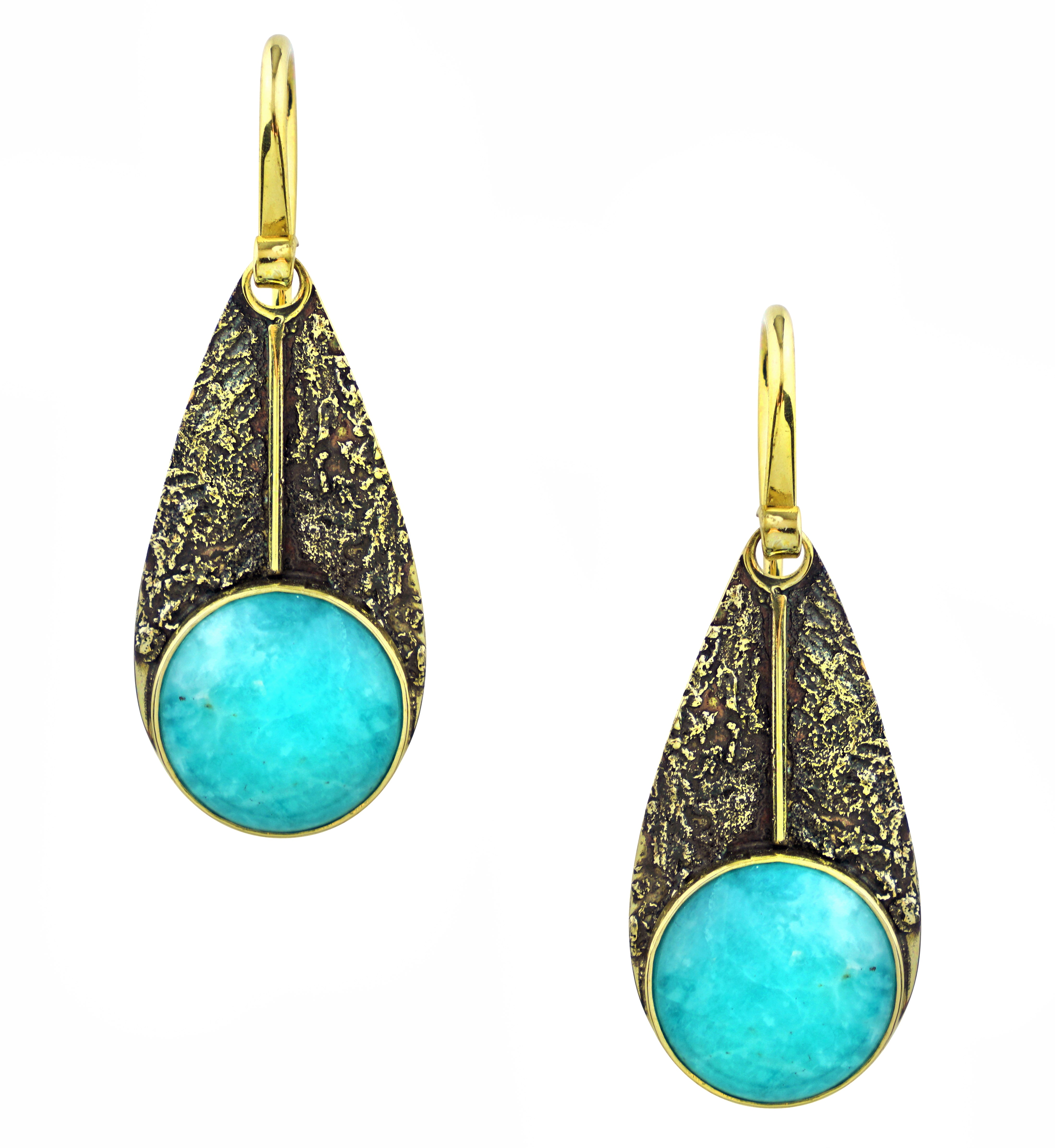 Textured Teardrop Dangle Amazonite Stone Inlay Brass Earrings
