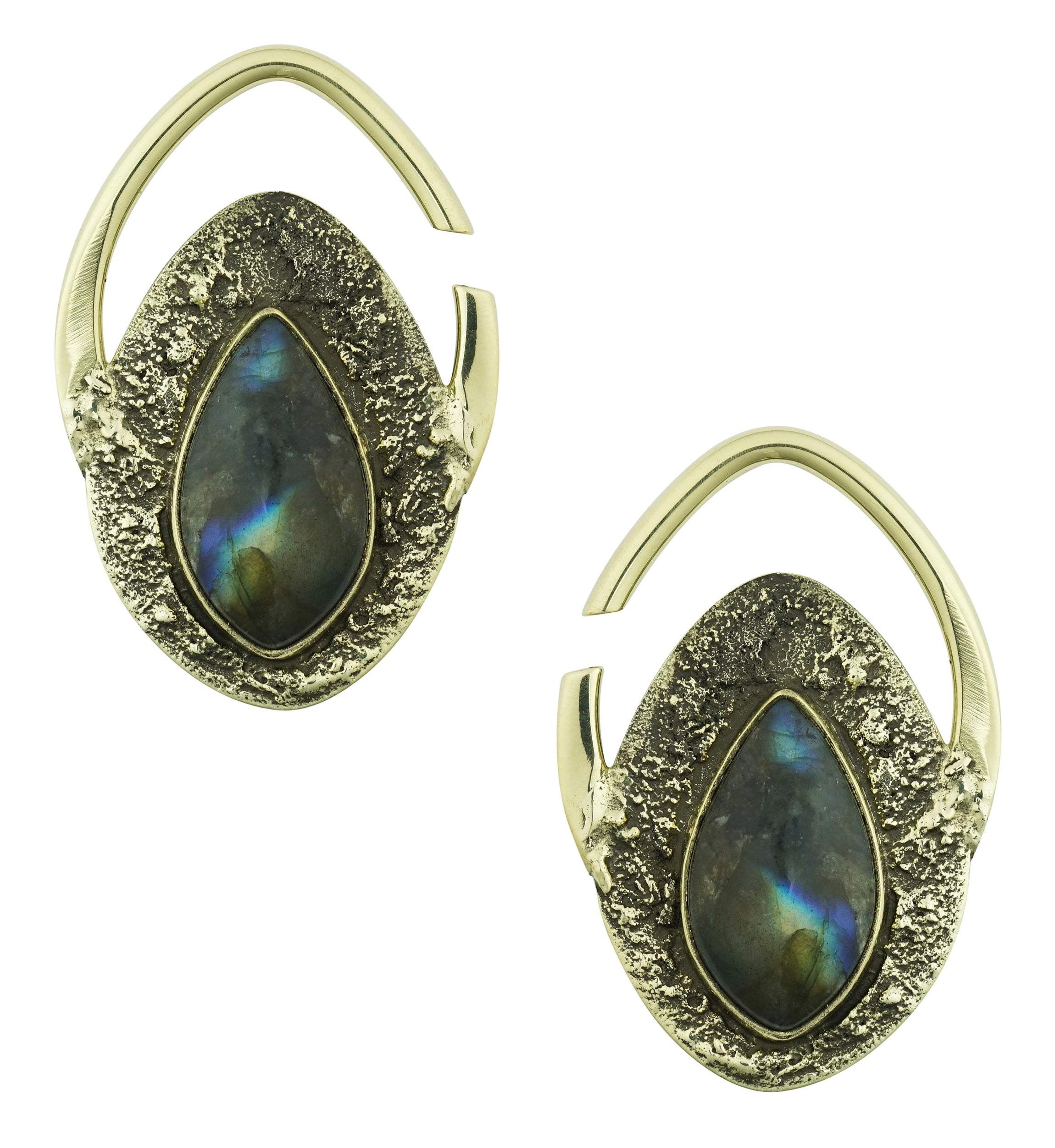 Hammered Teardrop Labradorite Stone Inlay Brass Ear Hangers