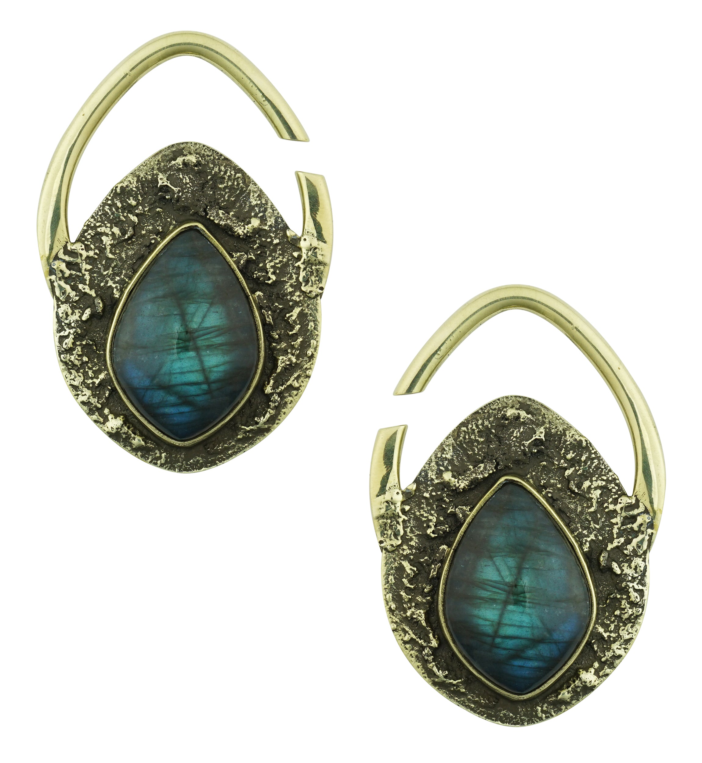 Hammered Teardrop Labradorite Stone Inlay Brass Ear Hangers