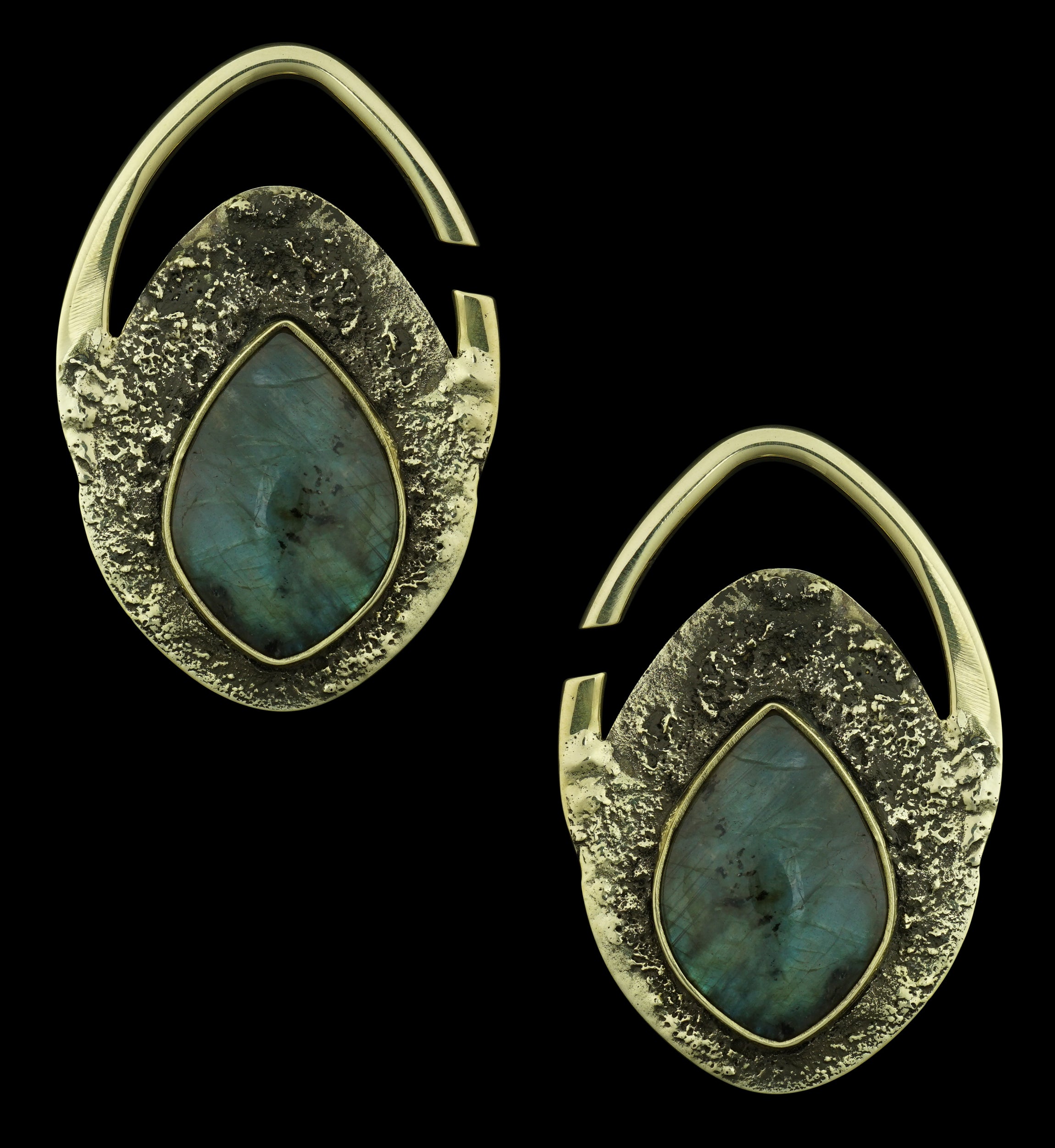 Hammered Teardrop Labradorite Stone Inlay Brass Ear Hangers