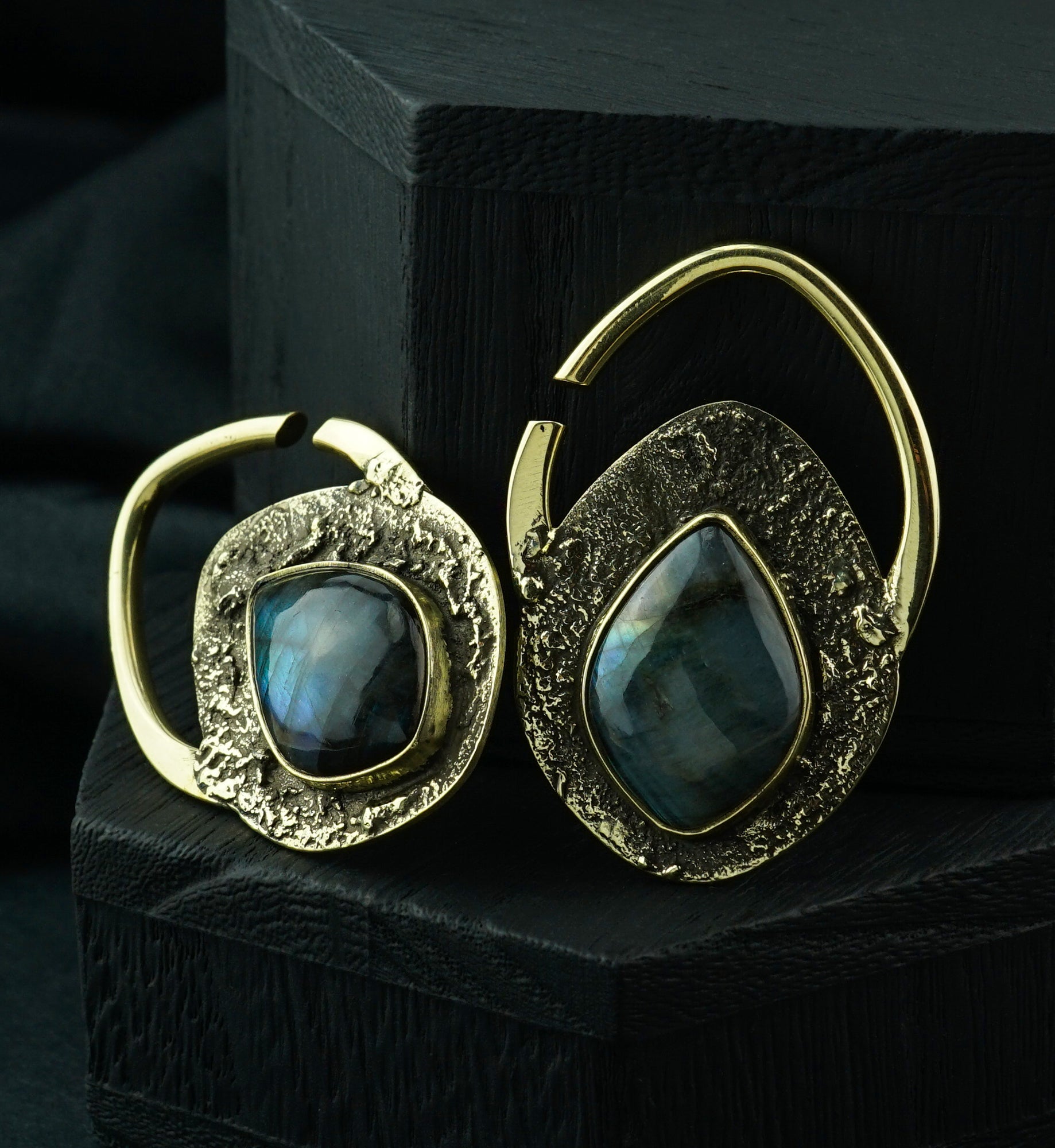 Hammered Teardrop Labradorite Stone Inlay Brass Ear Hangers