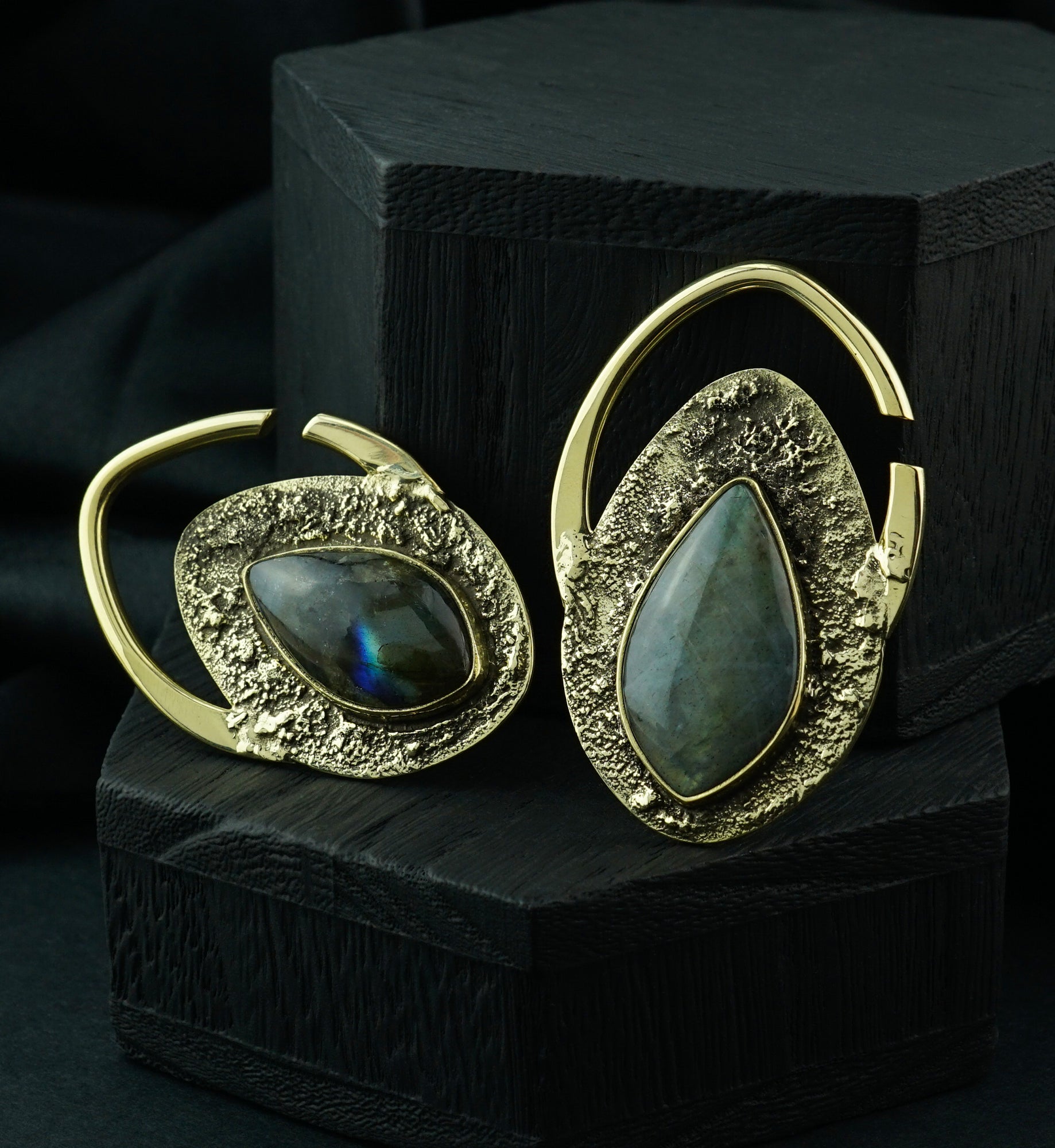 Hammered Teardrop Labradorite Stone Inlay Brass Ear Hangers