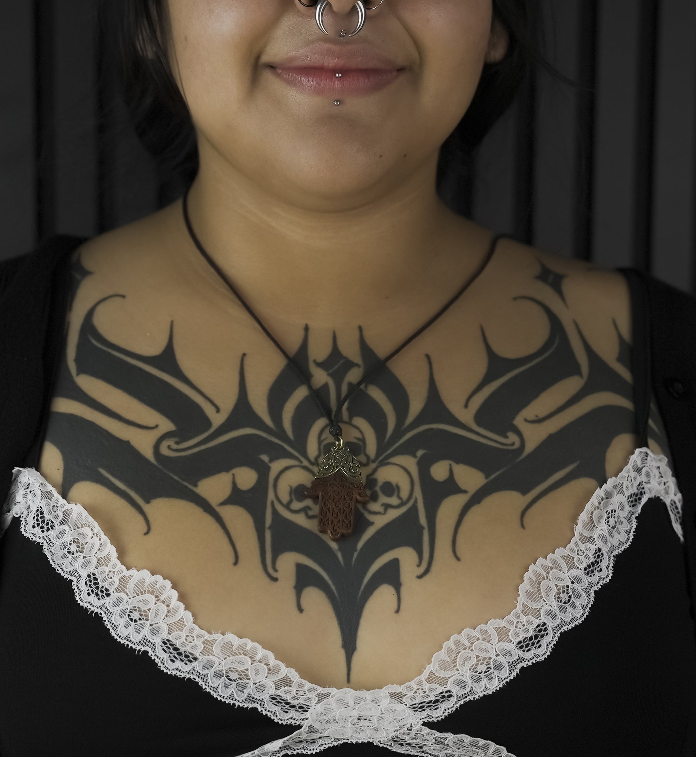 Hamsa Hand Brass And Sawo Wood Pendant Necklace