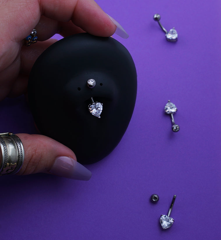 Heart Brass Prong Clear CZ Titanium Belly Button Ring