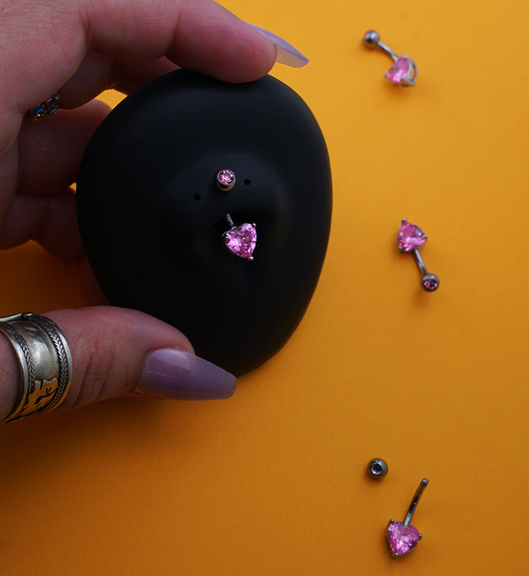 Heart Brass Prong Pink CZ Titanium Belly Button Ring