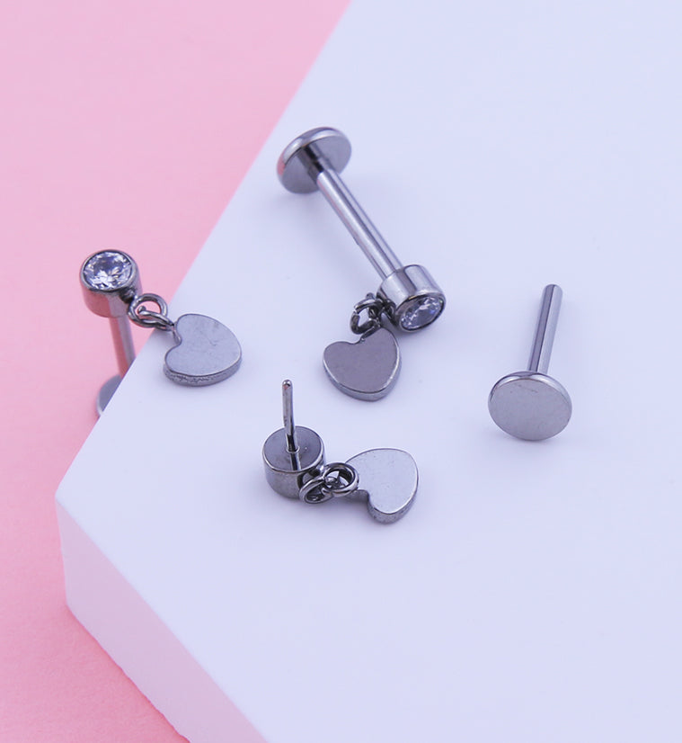 Heart Dangle Clear CZ Titanium Threadless Labret