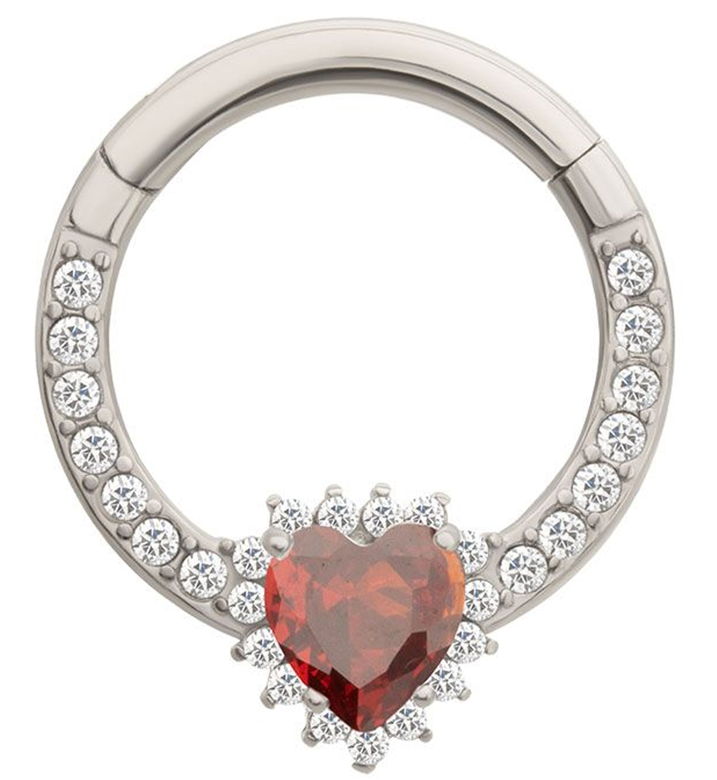 Heart Line Bling Garnet CZ Stainless Steel Hinged Segment Ring