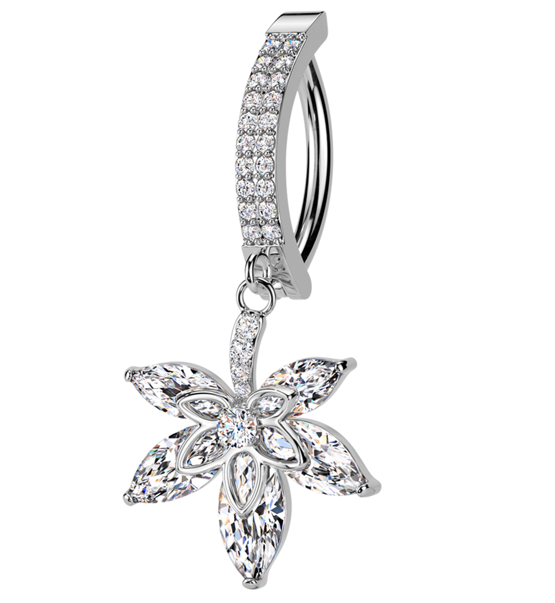 Hemp Leaf Dangle Clear CZ Stainless Steel Hinged Belly Button Ring