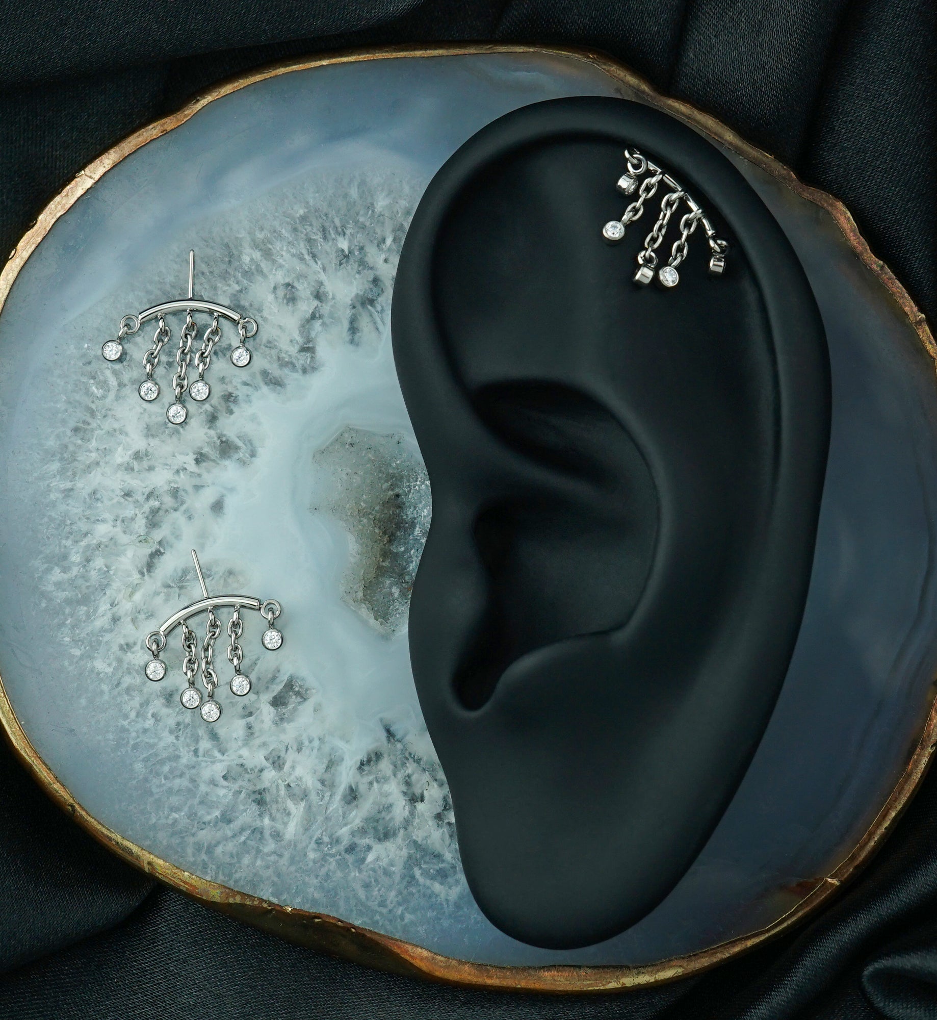 Hidden Curved Bar Multi Clear CZ Dangle Chain Titanium Threadless Top