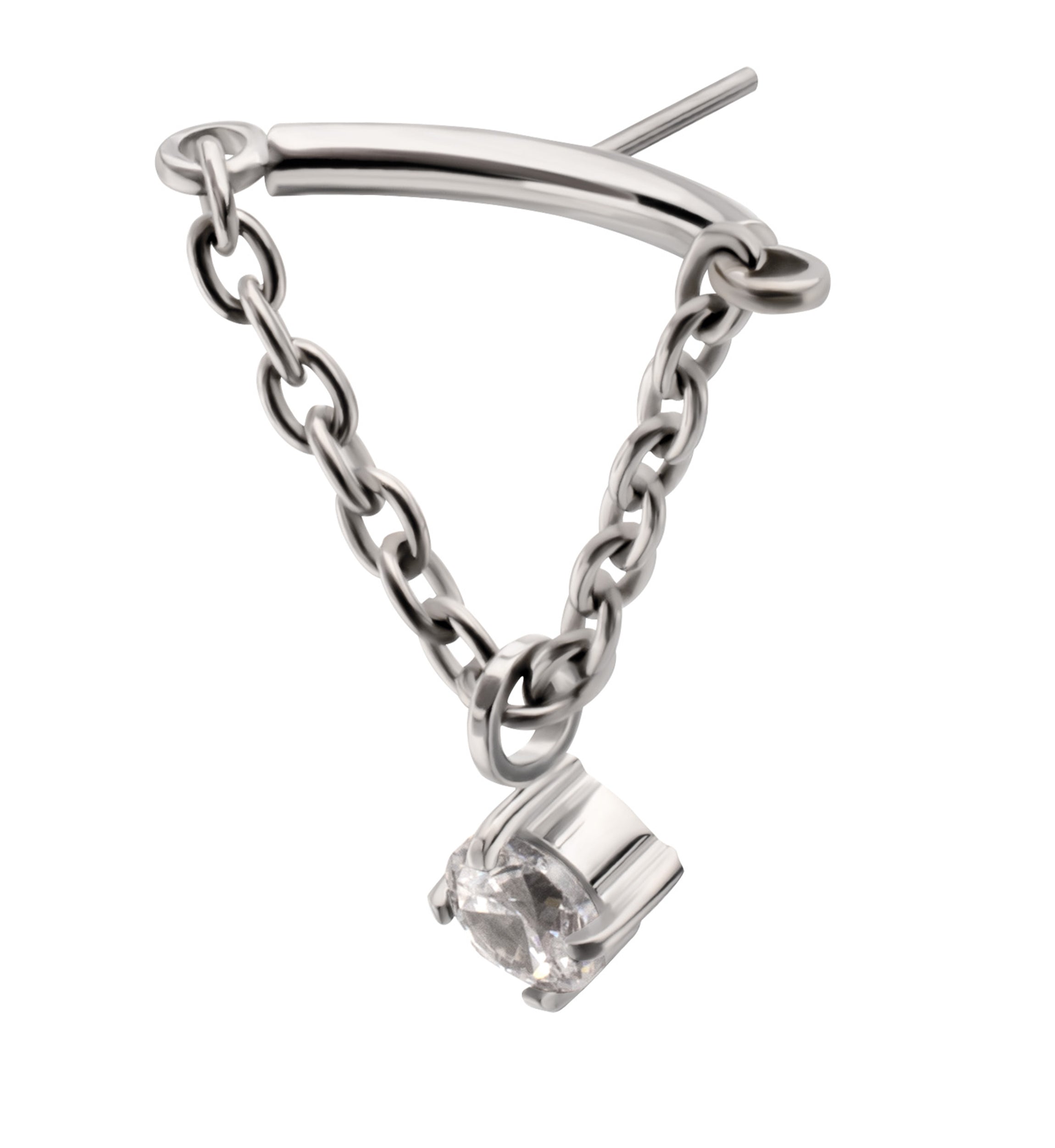 Hidden Curved Bar Single Clear CZ Dangle Chain Titanium Threadless Top