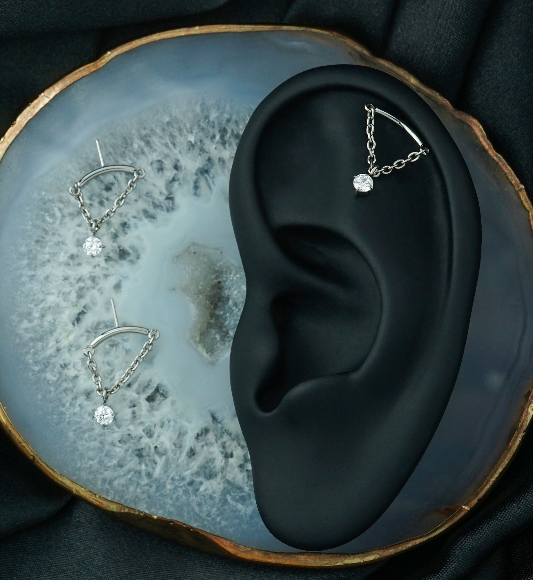 Hidden Curved Bar Single Clear CZ Dangle Chain Titanium Threadless Top