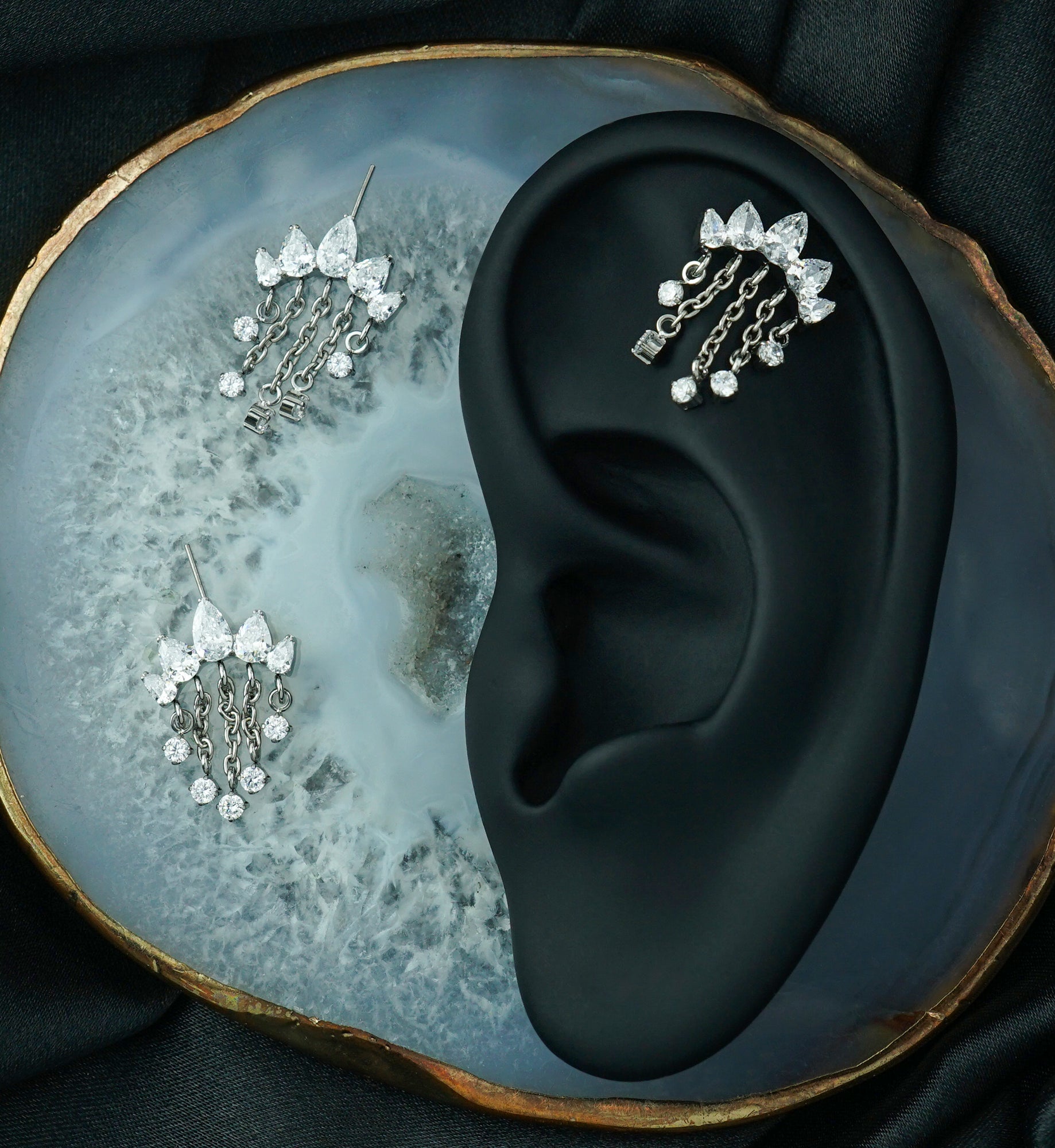 Hidden Curved Bar Teardrop Clear CZ Multi Dangle Titanium Threadless Top