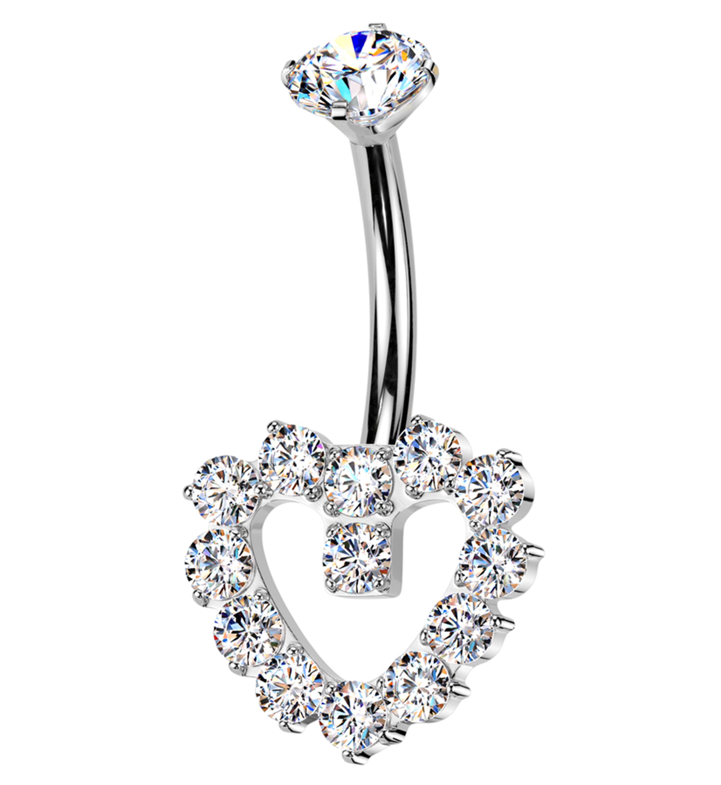 Hollow Heart Clear CZ Titanium Internally Threaded Belly Button Ring