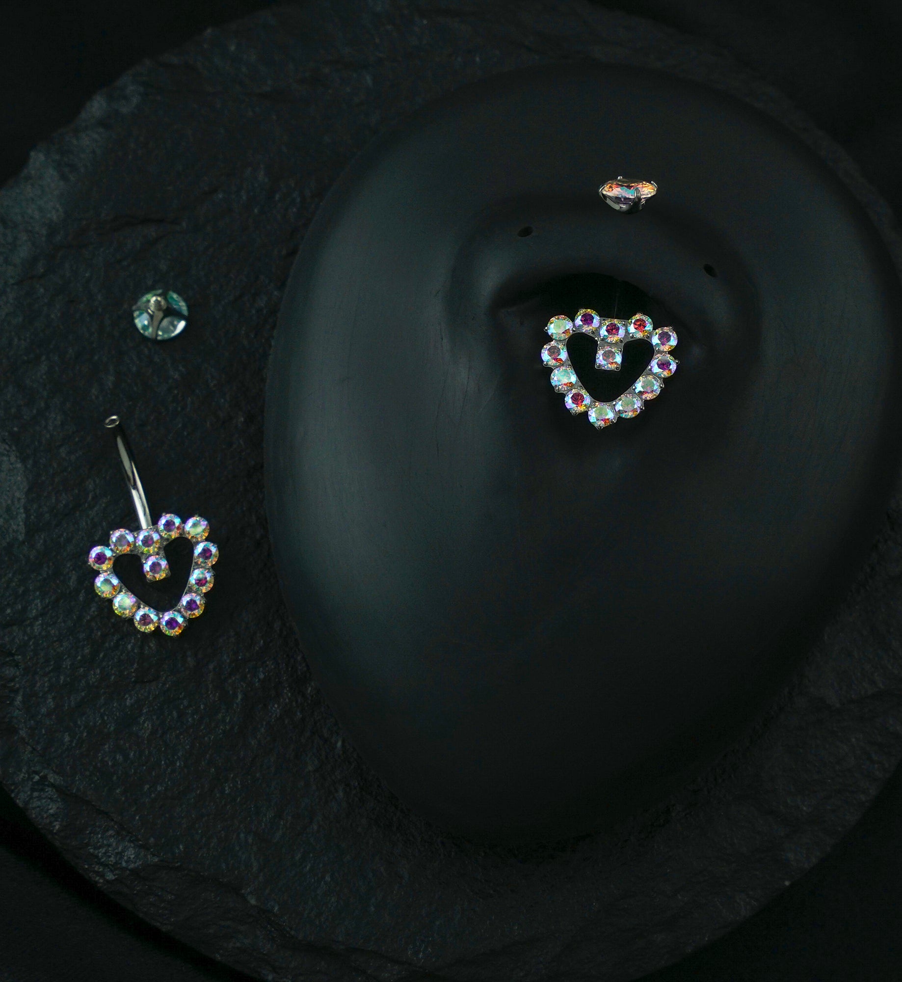 Hollow Heart Rainbow Aurora CZ Titanium Internally Threaded Belly Button Ring