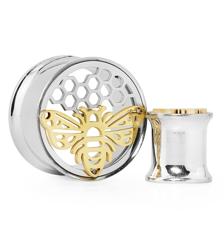 Honeycomb Bee Stainless Steel Double Flare Tunnel Plugs