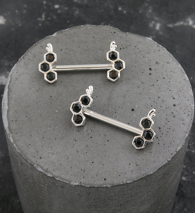 Honeycomb Drip Black CZ Stainless Steel Nipple Barbell