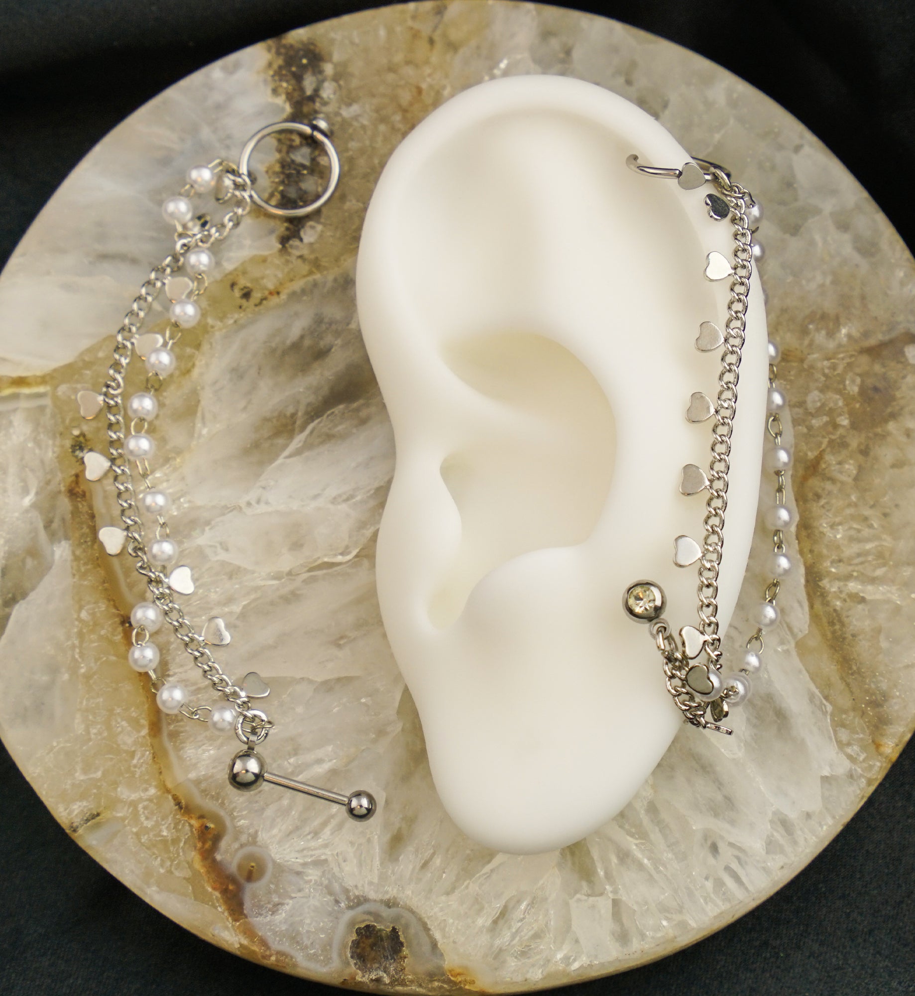 Hoop/Barbell Clear CZ Stainless Steel Pearl And Heart Dual Piercing Chain